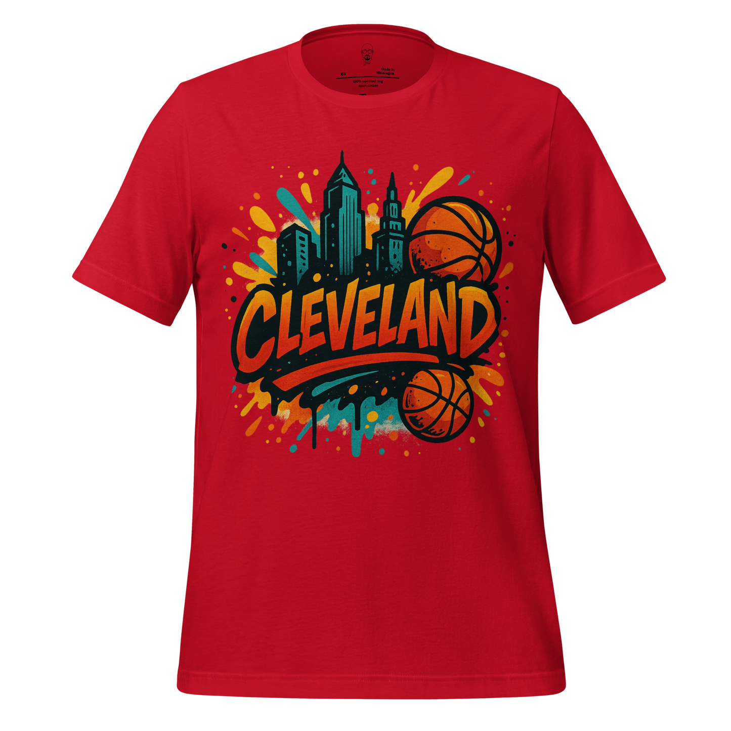 Red Cleveland Graphic T-Shirt with city skyline and basketball design by JMK Drip