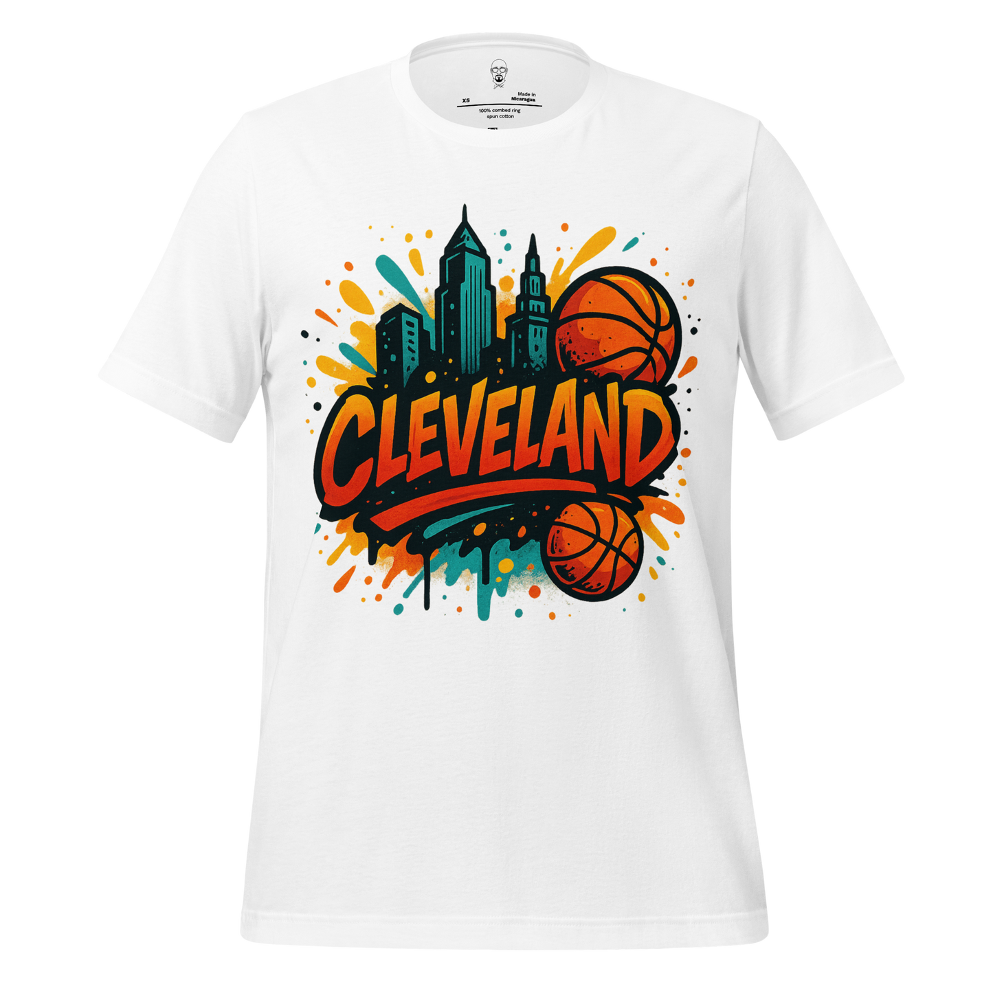 White JMK Drip Cleveland Graphic T-Shirt with colorful city skyline and basketball design