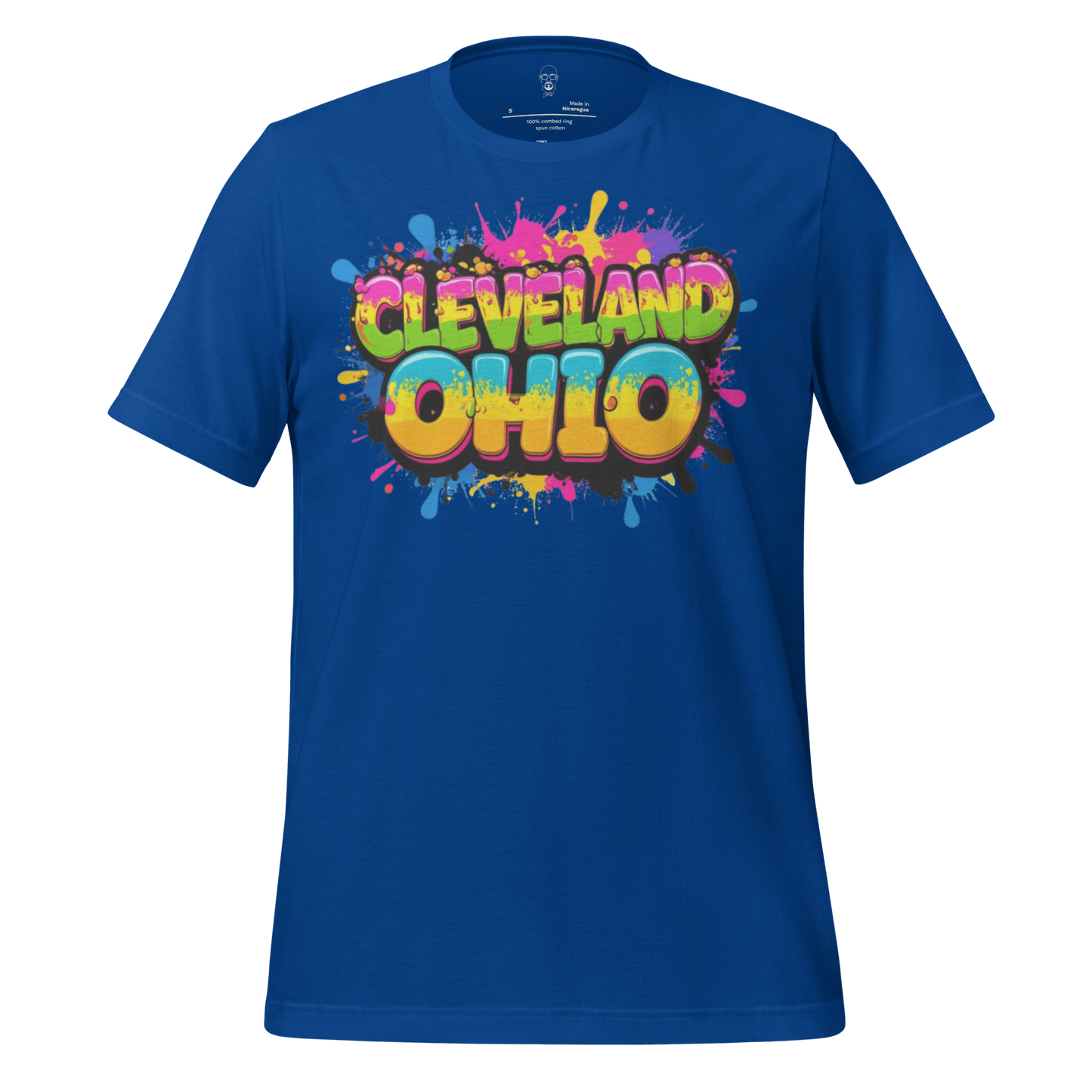 Blue Cleveland Ohio graphic t-shirt with vibrant colorful splash design by JMK Drip