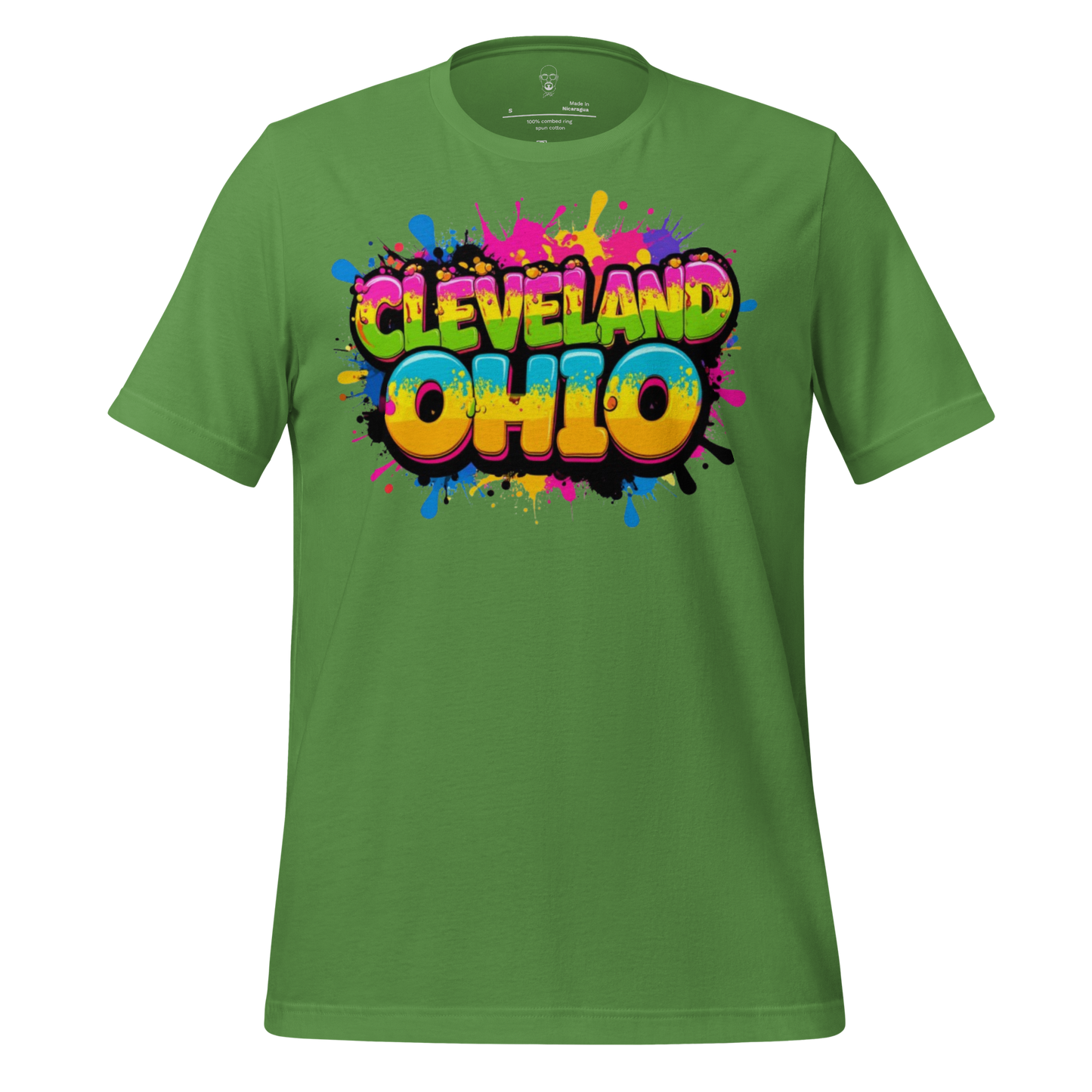 Green t-shirt with colorful Cleveland Ohio graphic t-shirt design featuring paint splatter art