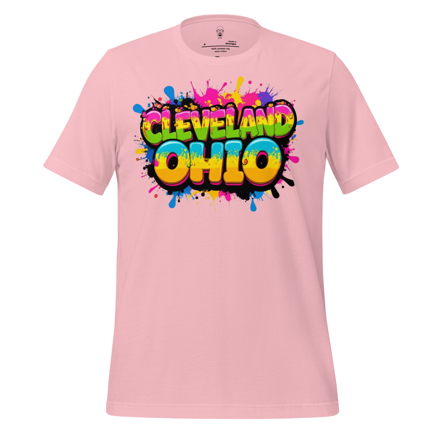 Pink Cleveland Ohio graphic t-shirt with colorful graffiti style text and paint splatter design