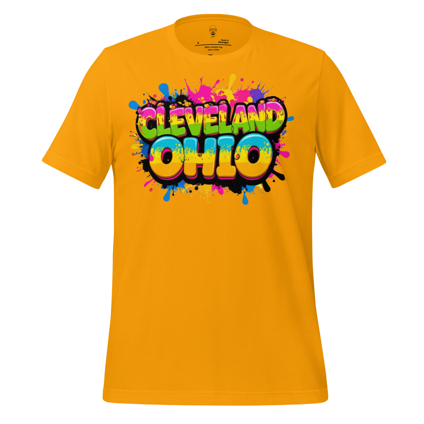 Yellow Cleveland Ohio graphic t-shirt by JMK Drip with colorful splash design