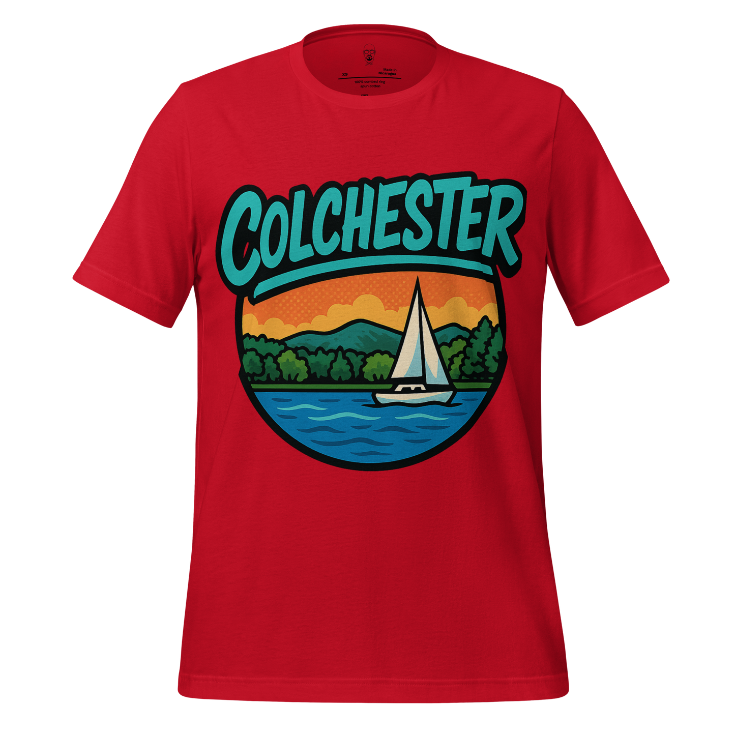 Red Colchester graphic t-shirt with sailboat and nature scene design by JMK Drip