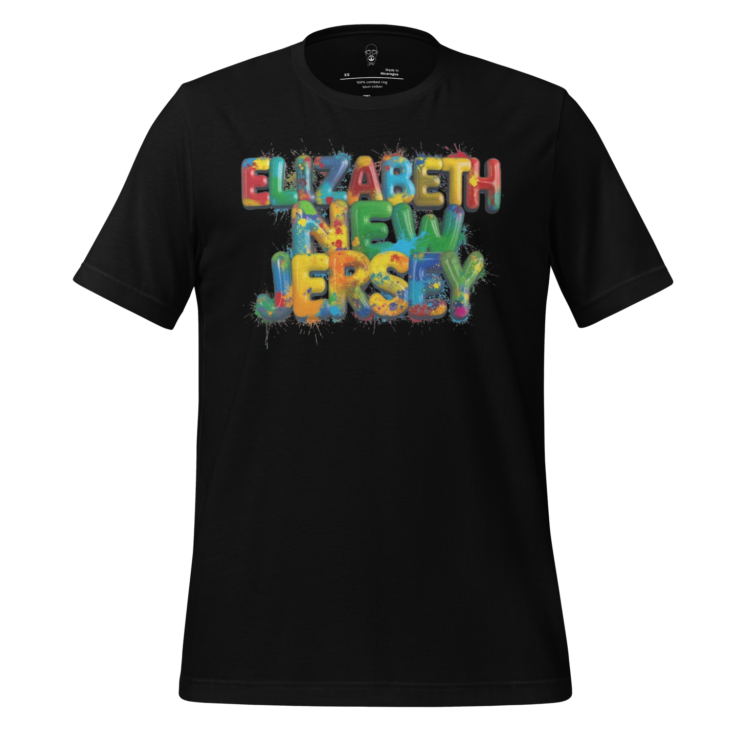 Black Elizabeth New Jersey t-shirt with colorful graffiti style text design by JMK Drip