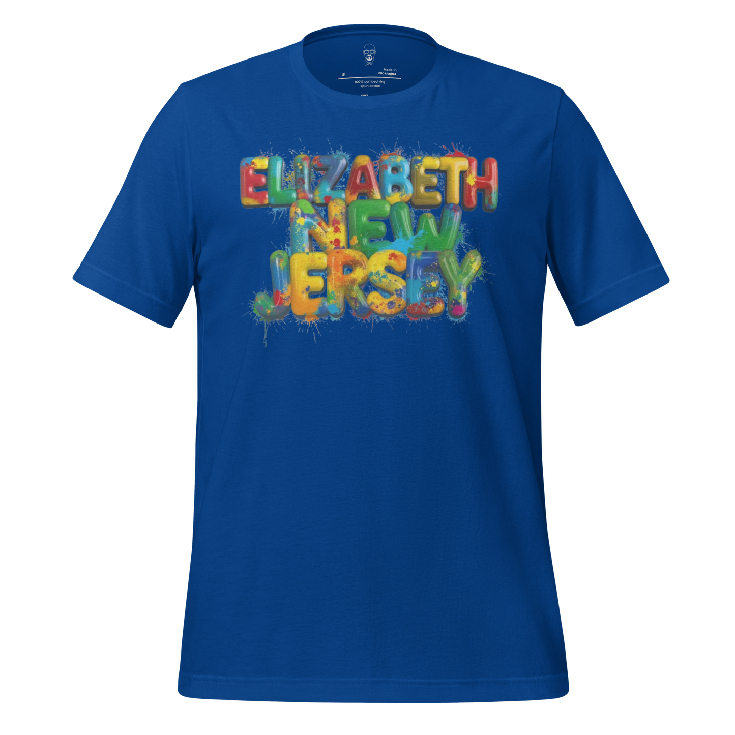Blue Elizabeth New Jersey t-shirt with colorful graffiti style text design