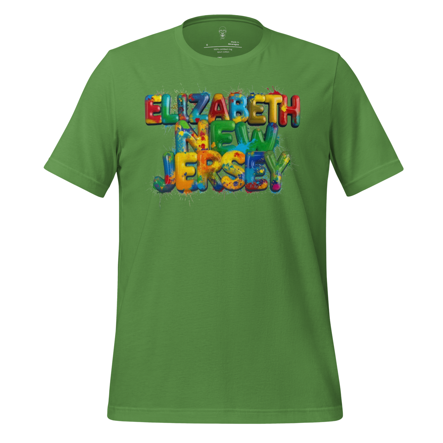 Green t-shirt with colorful Elizabeth New Jersey t-shirt design in bold letters by JMK Drip
