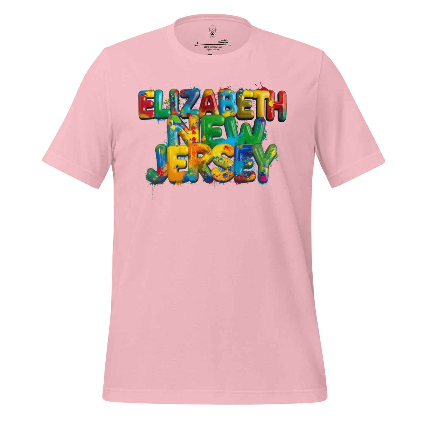 Pink t-shirt with colorful graffiti style text reading Elizabeth New Jersey t-shirt by JMK Drip