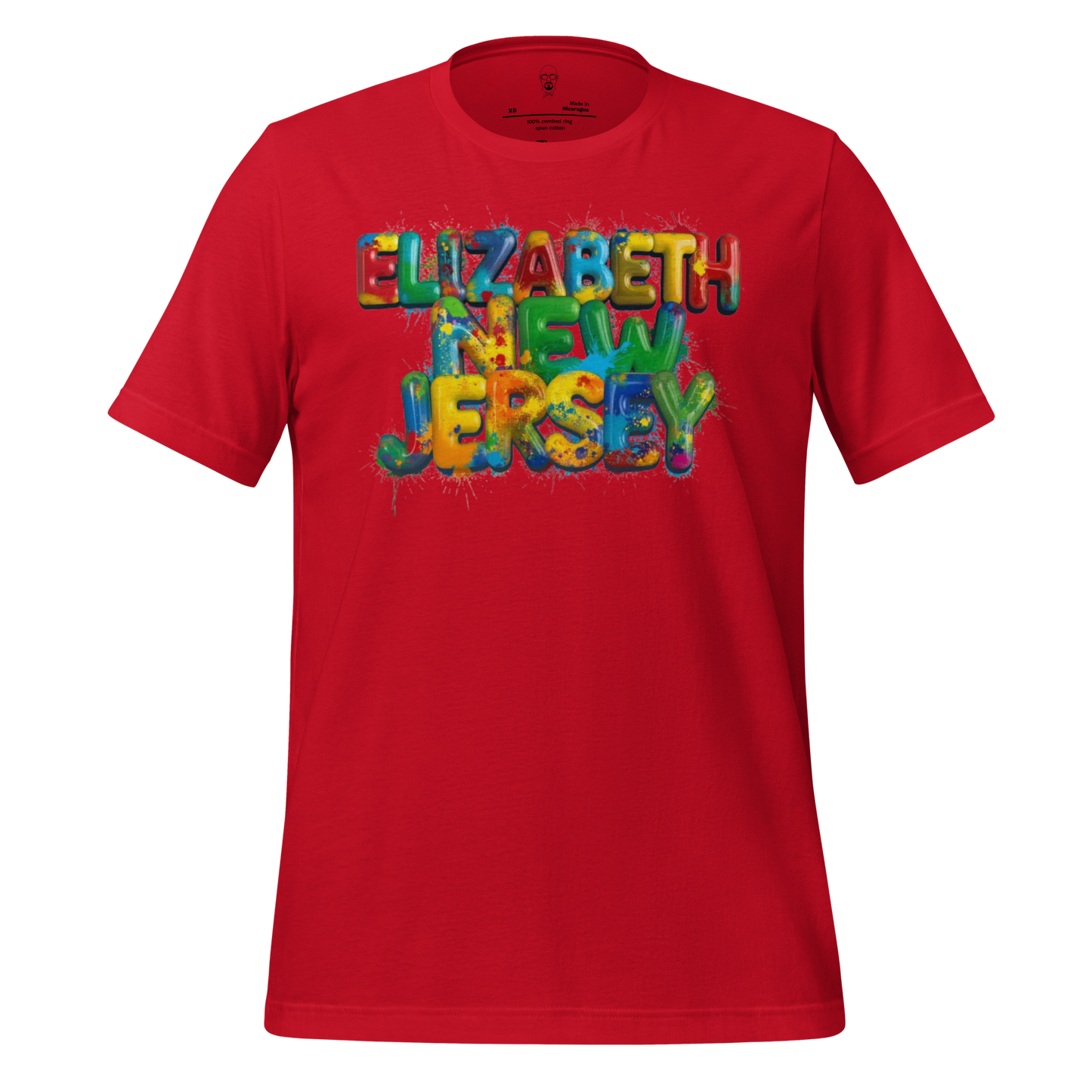Red Elizabeth New Jersey t-shirt with colorful graffiti style lettering by JMK Drip