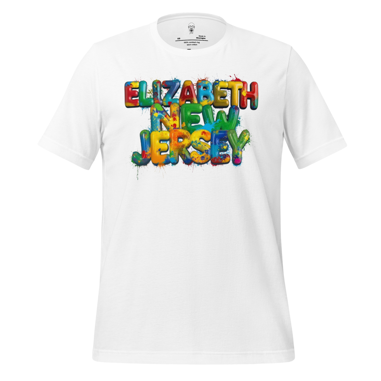 White t-shirt with colorful splash design spelling out Elizabeth New Jersey t-shirt