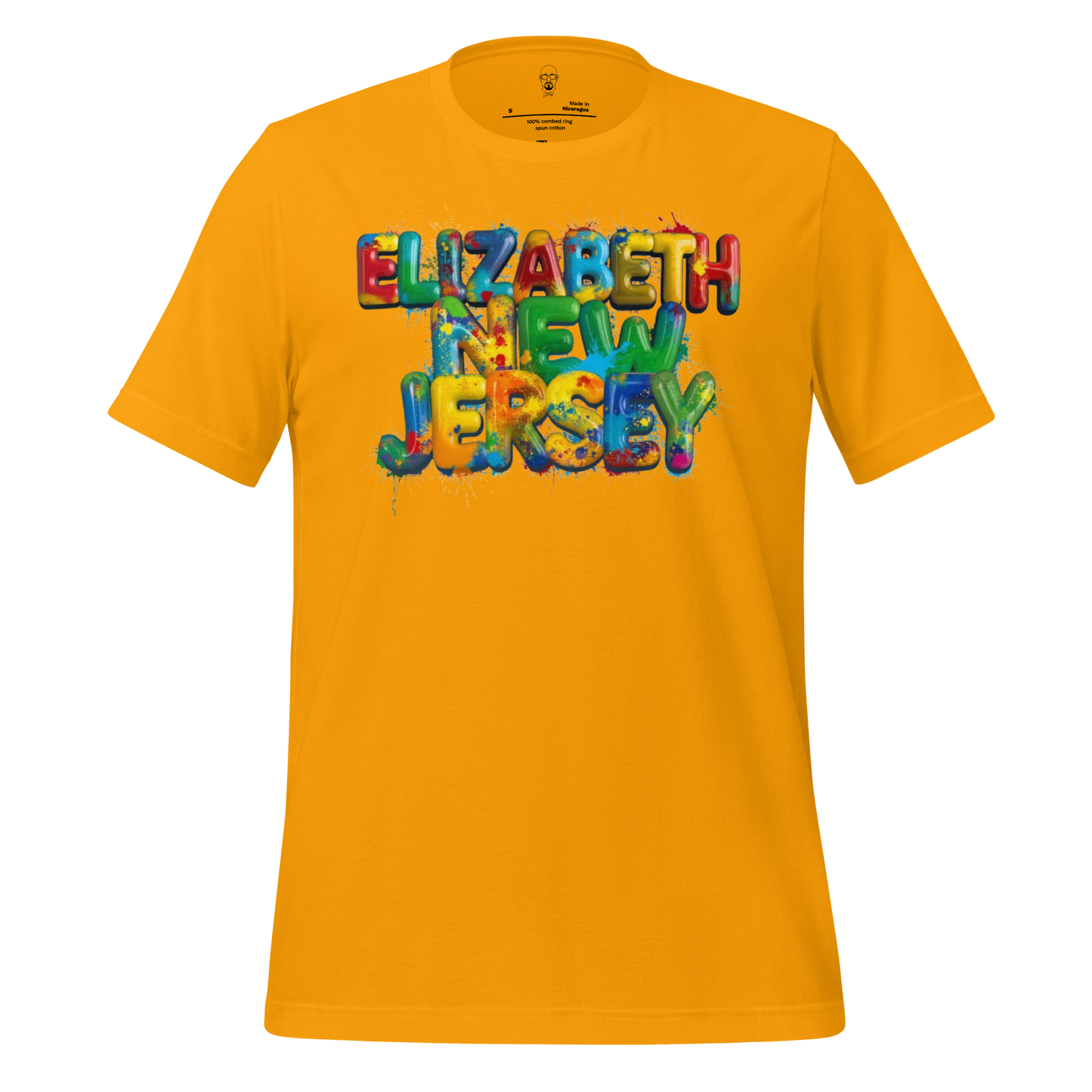 Bright yellow Elizabeth New Jersey t-shirt with colorful balloon-style text graphic on front