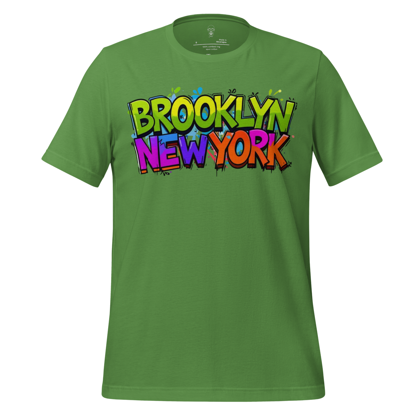 Green Brooklyn t shirt with colorful graffiti style Brooklyn New York text on front
