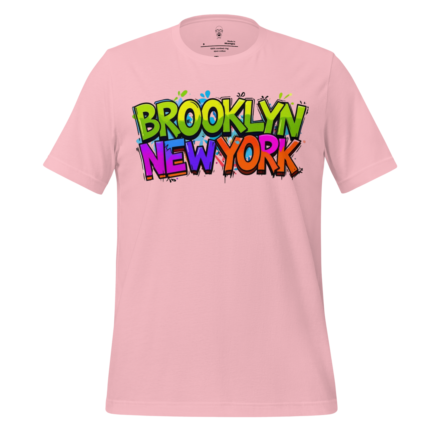 JMK Drip pink Brooklyn t shirt with colorful graffiti style Brooklyn New York text