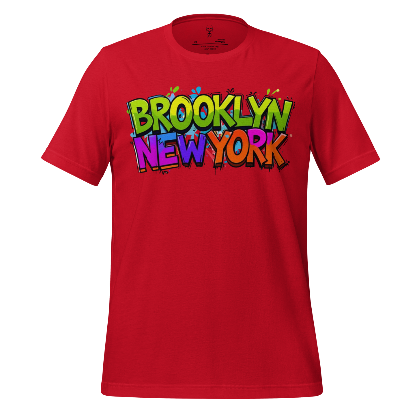 Red Brooklyn t shirt with colorful graffiti style Brooklyn New York text on front by JMK Drip