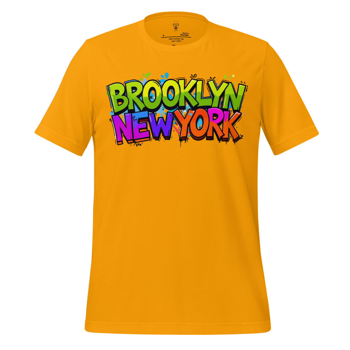 JMK Drip yellow Brooklyn t shirt with colorful graffiti style Brooklyn New York text