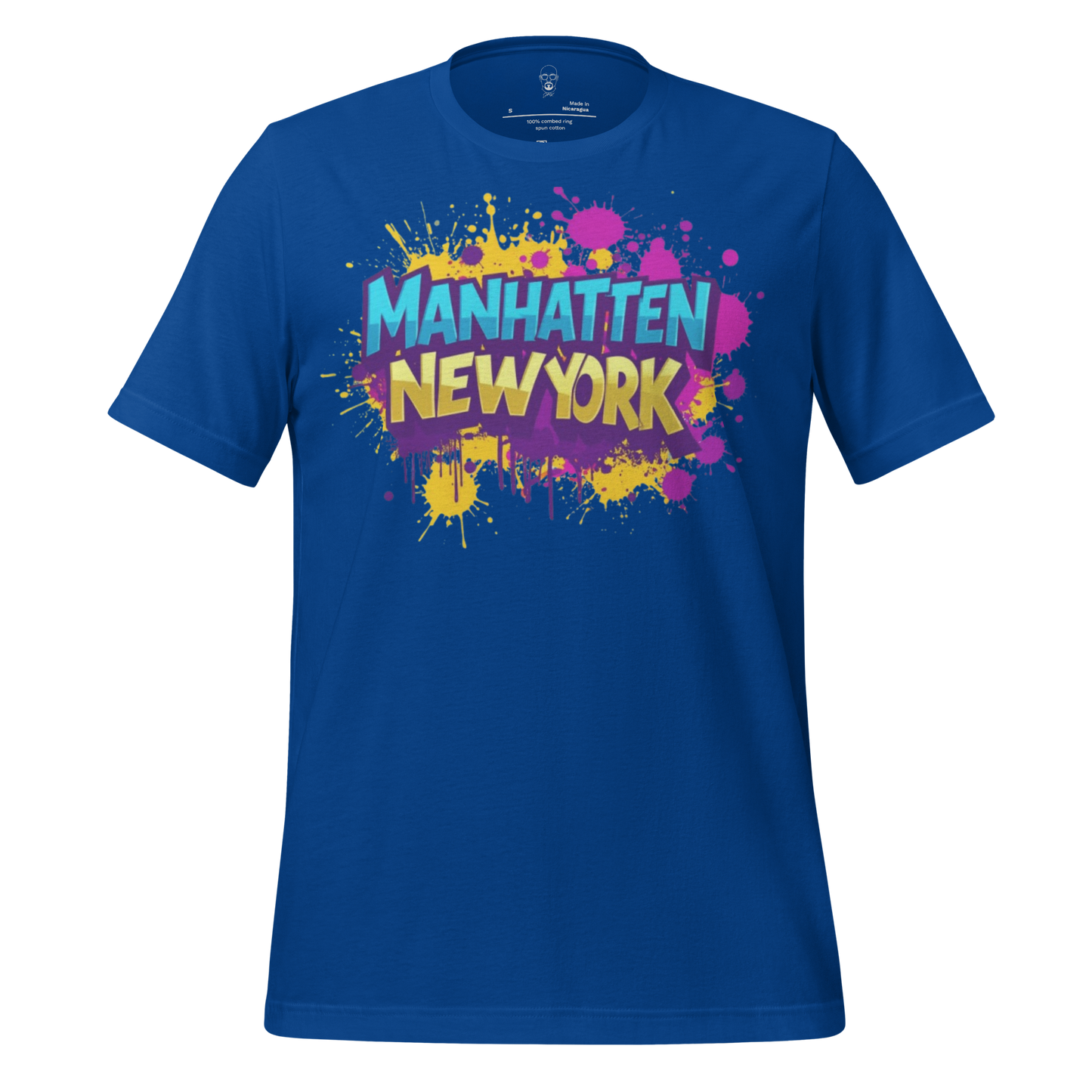 Blue JMK Drip Manhattan New York t-shirt with colorful splatter graphic design