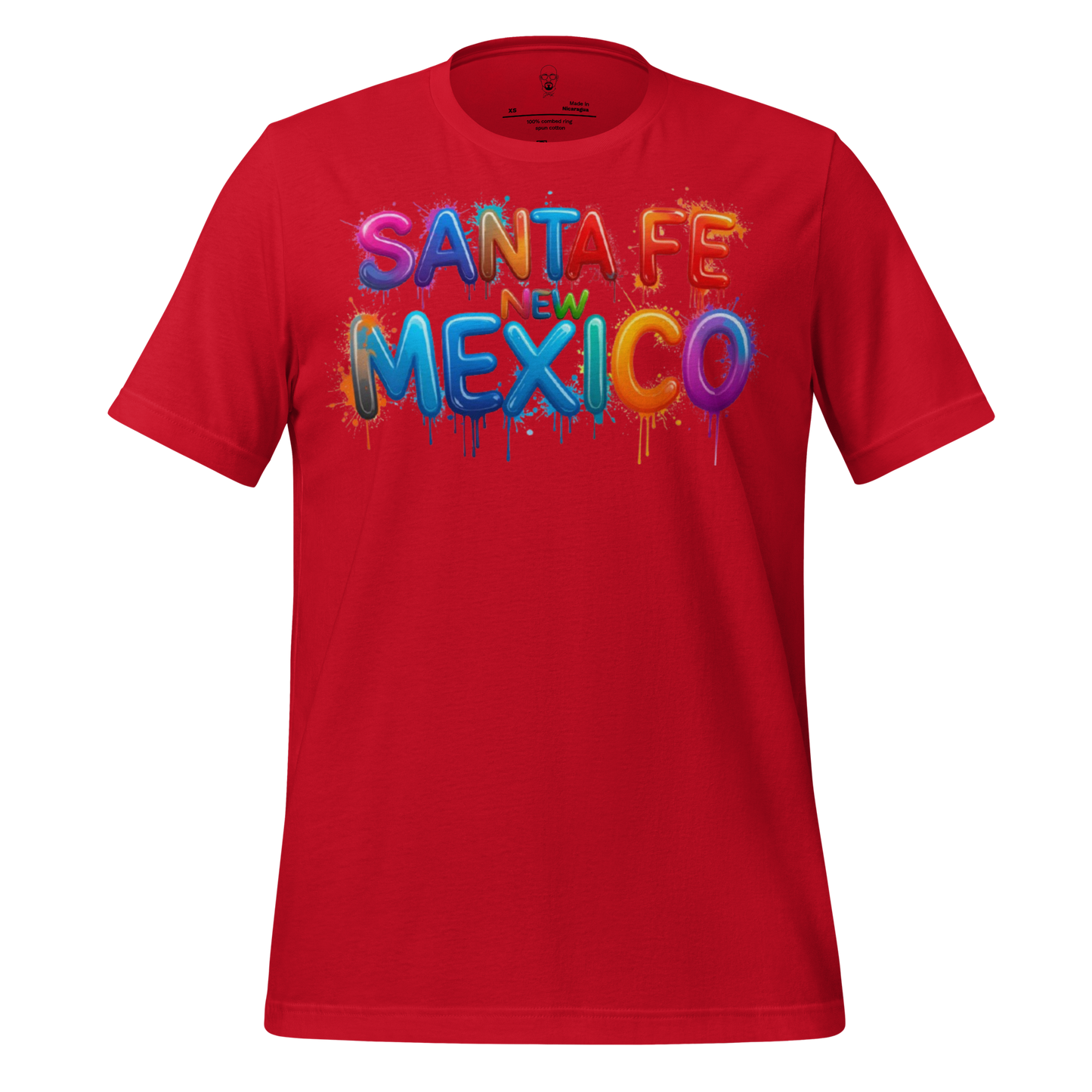 Red Santa Fe New Mexico t-shirt with colorful balloon-style lettering design by JMK Drip