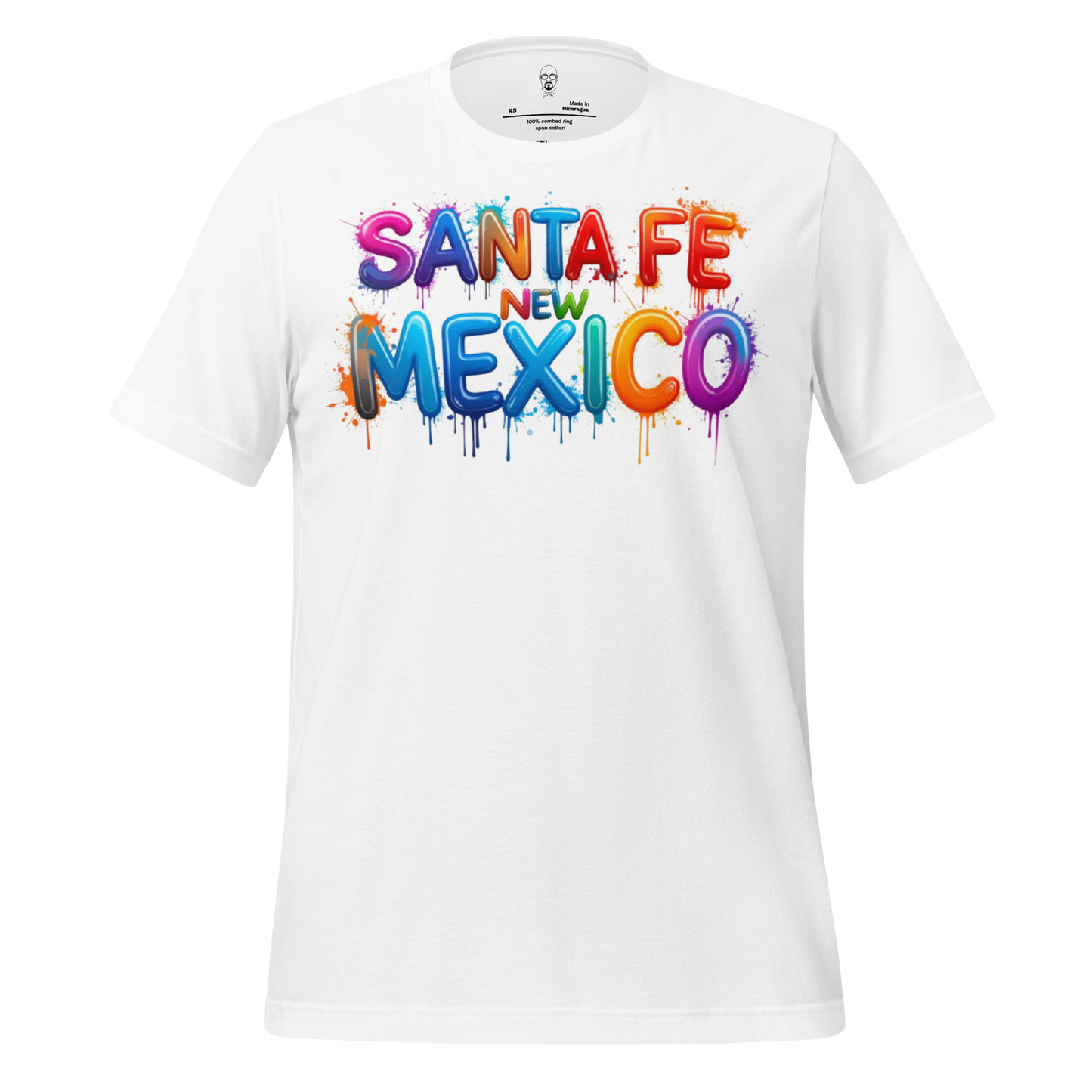 White Santa Fe New Mexico t-shirt with colorful graffiti style text design by JMK Drip