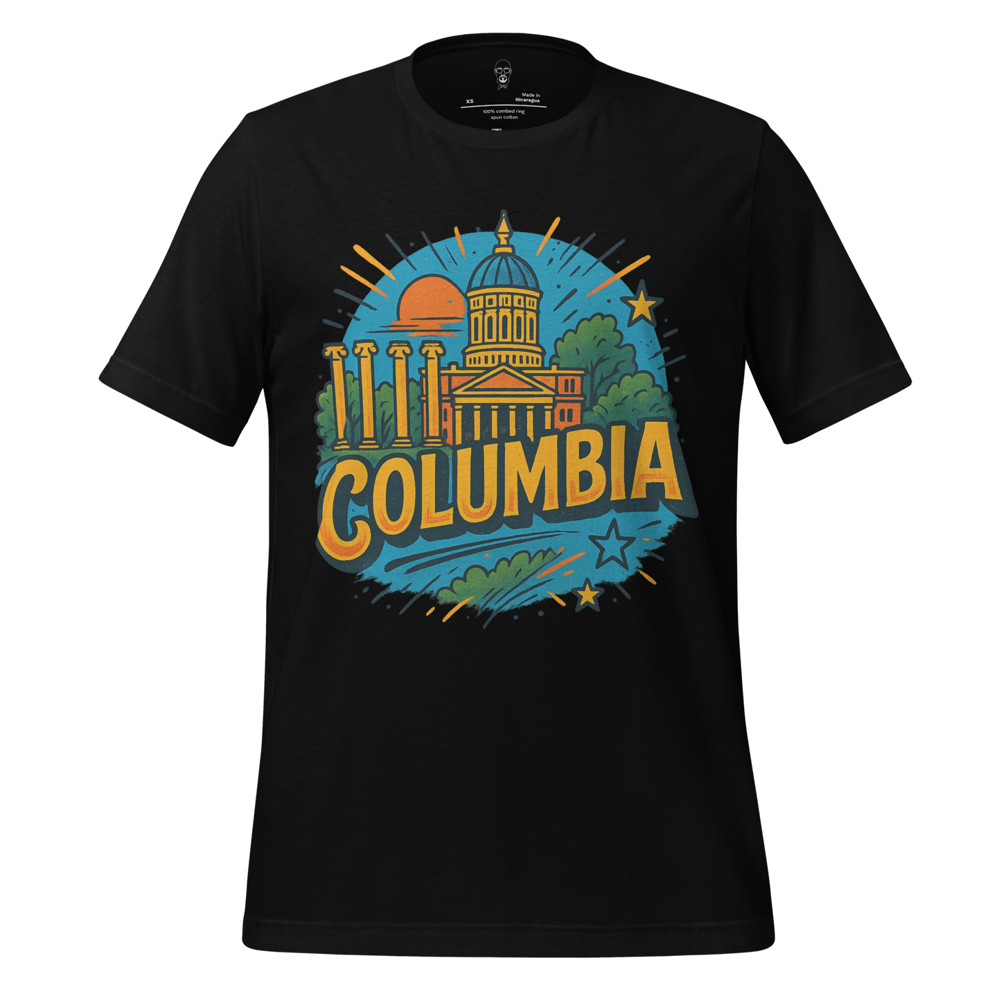 Black T-shirt featuring Columbia, Missouri Graphic T-shirt design with city landmarks and sunset illustration