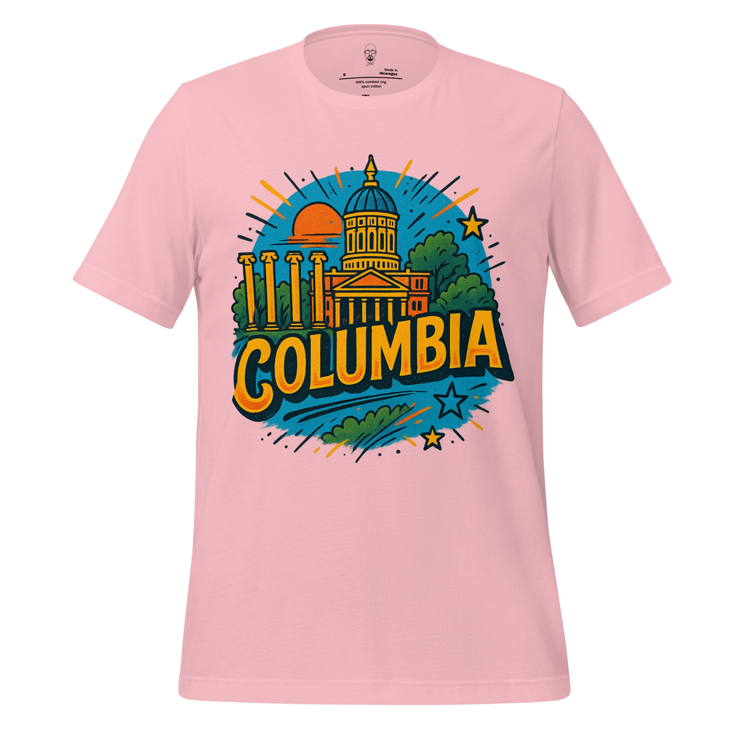 Pink Columbia, Missouri Graphic T-Shirt with colorful cityscape and bold text design by JMK Drip