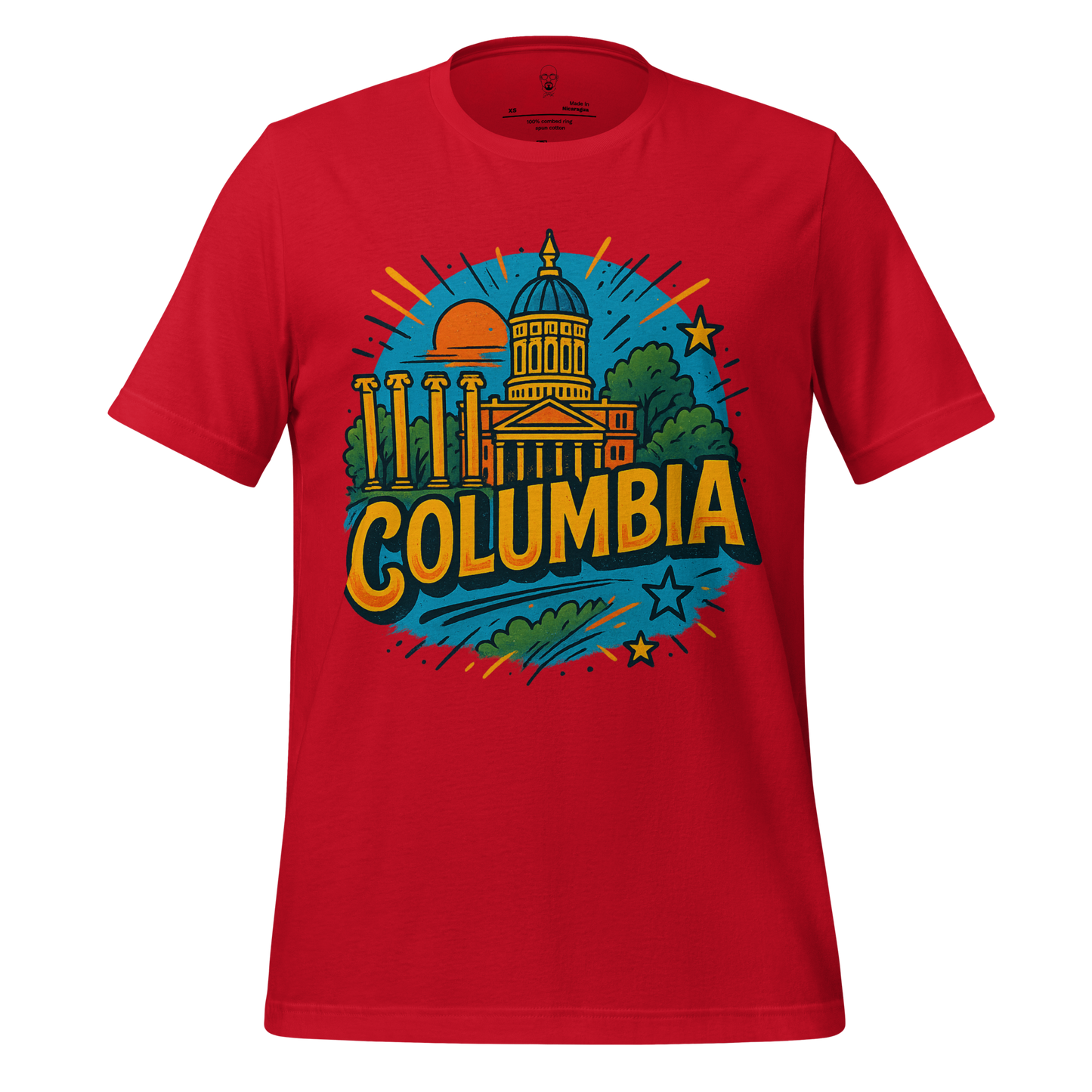 Red Columbia, Missouri Graphic T Shirt with colorful cityscape design by JMK Drip