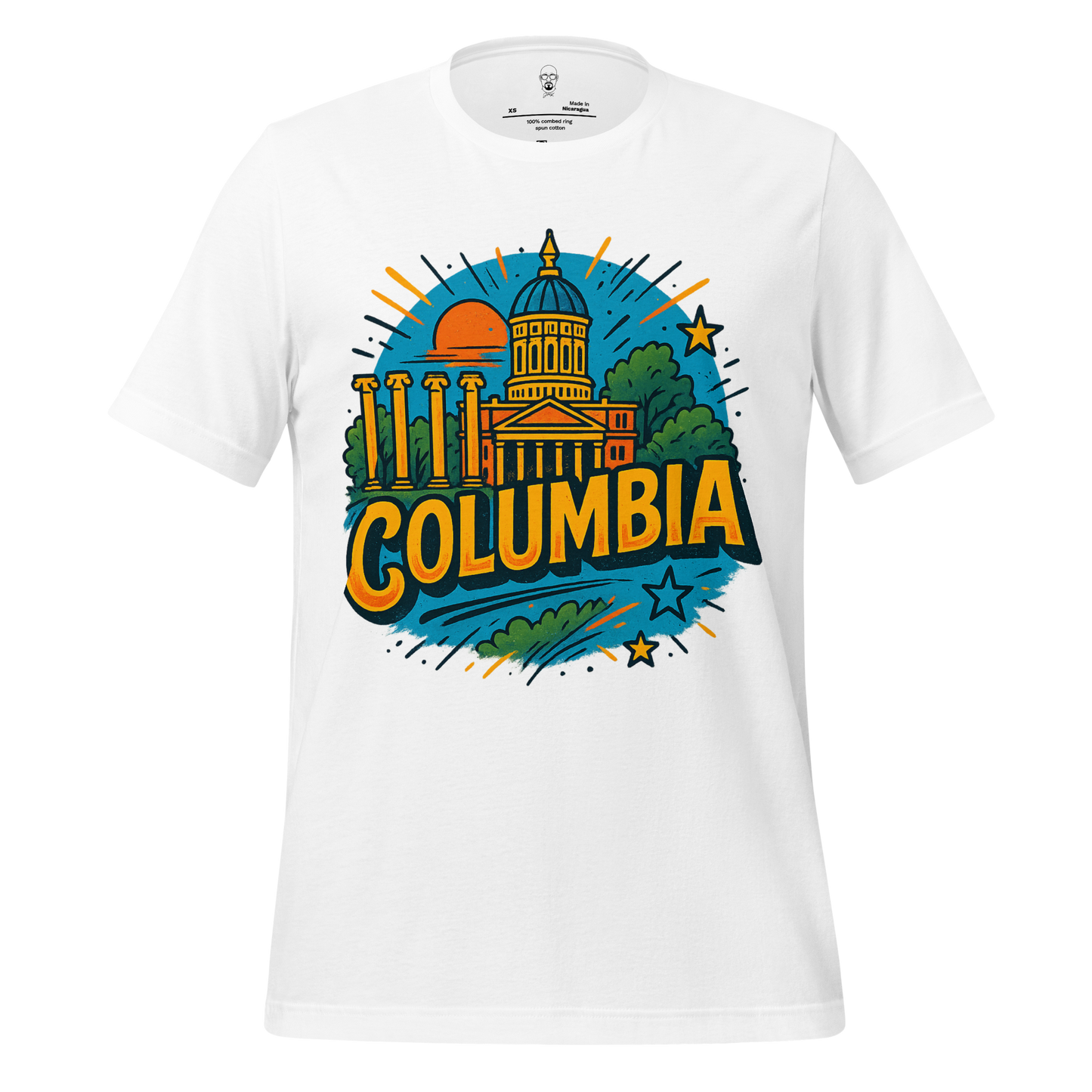 White Columbia, Missouri Graphic T-Shirt by JMK Drip featuring colorful cityscape design and sunset illustration