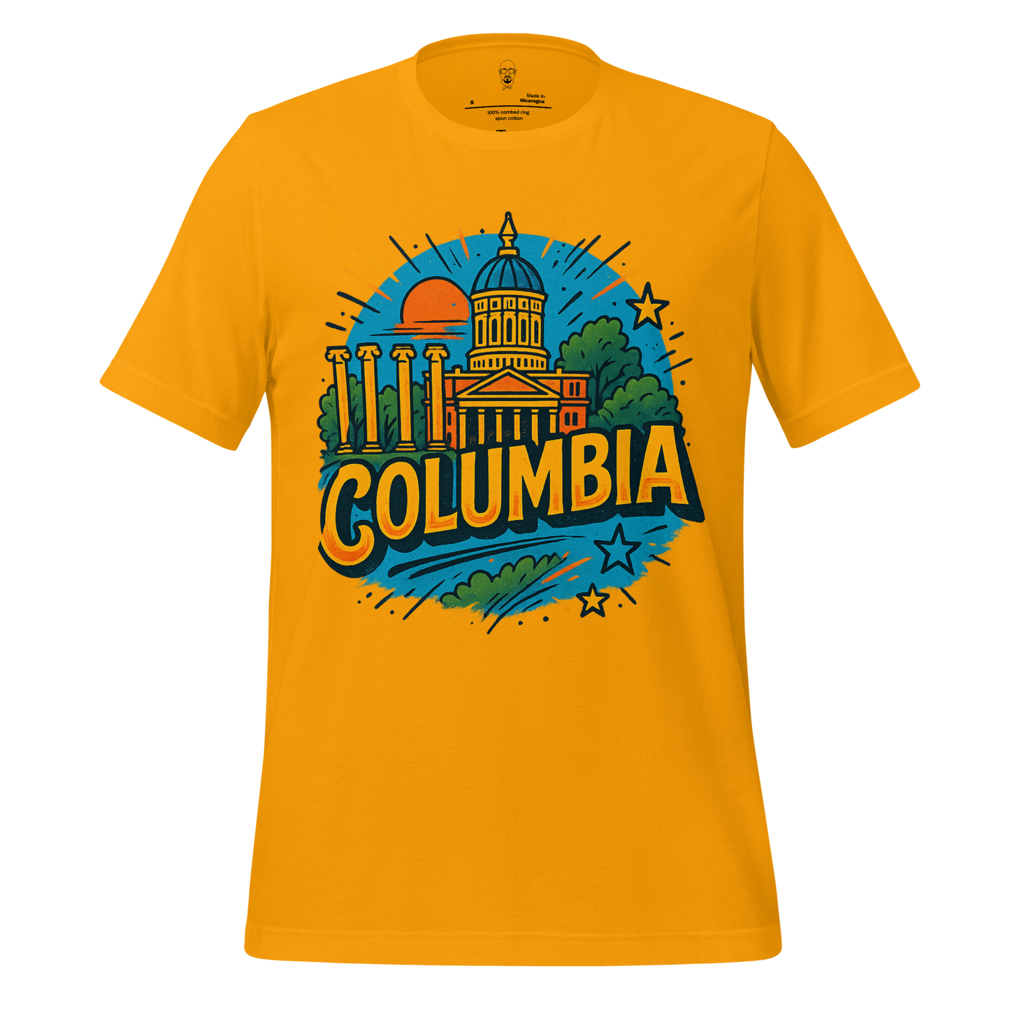 JMK Drip Columbia, Missouri Graphic T-Shirt with vibrant cityscape design in yellow