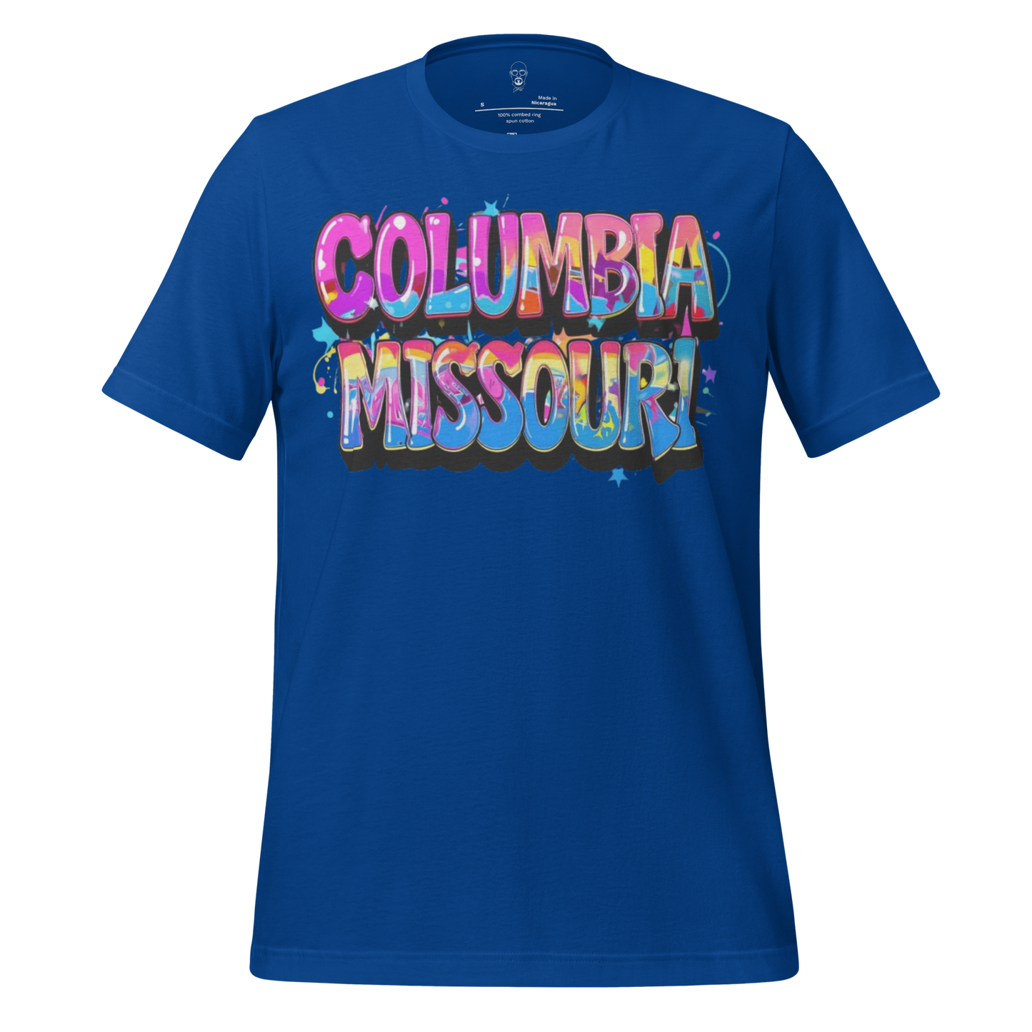 Blue Columbia Missouri t-shirt with colorful retro block lettering graphic design