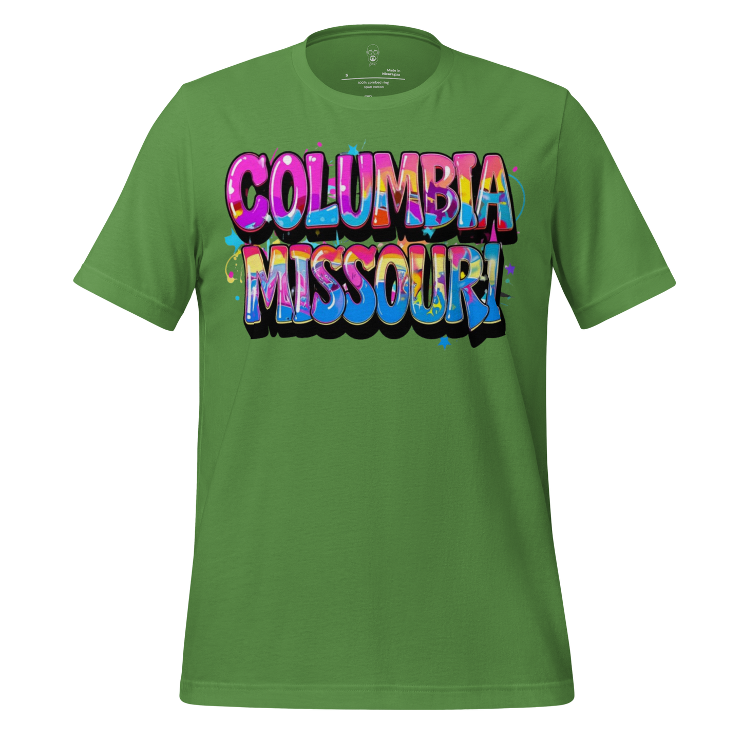 Green JMK Drip Columbia Missouri t-shirt with colorful graffiti style text design