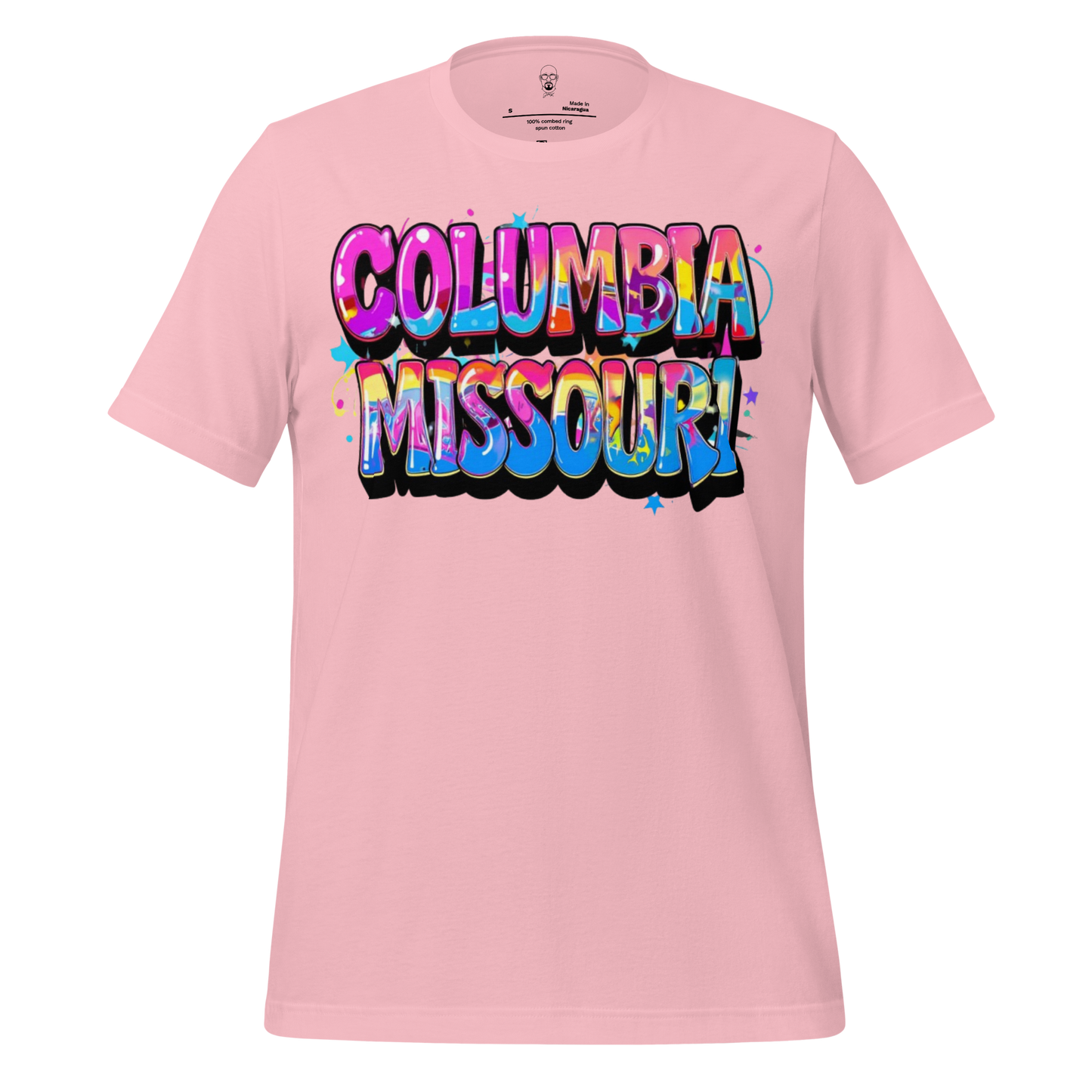 Pink Columbia Missouri t-shirt with colorful graffiti style text design by JMK Drip