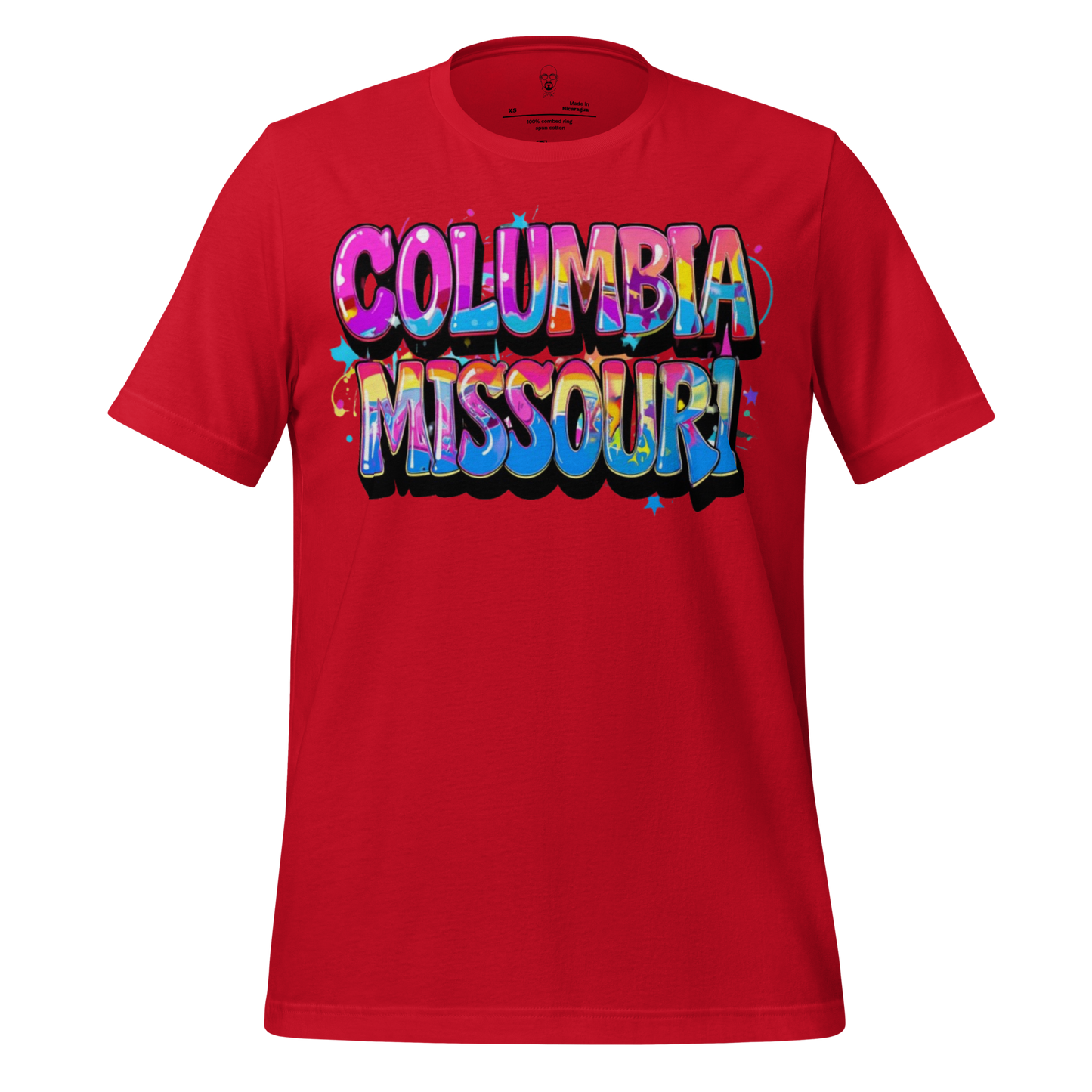 Red Columbia Missouri t-shirt with colorful graffiti-style text design by JMK Drip