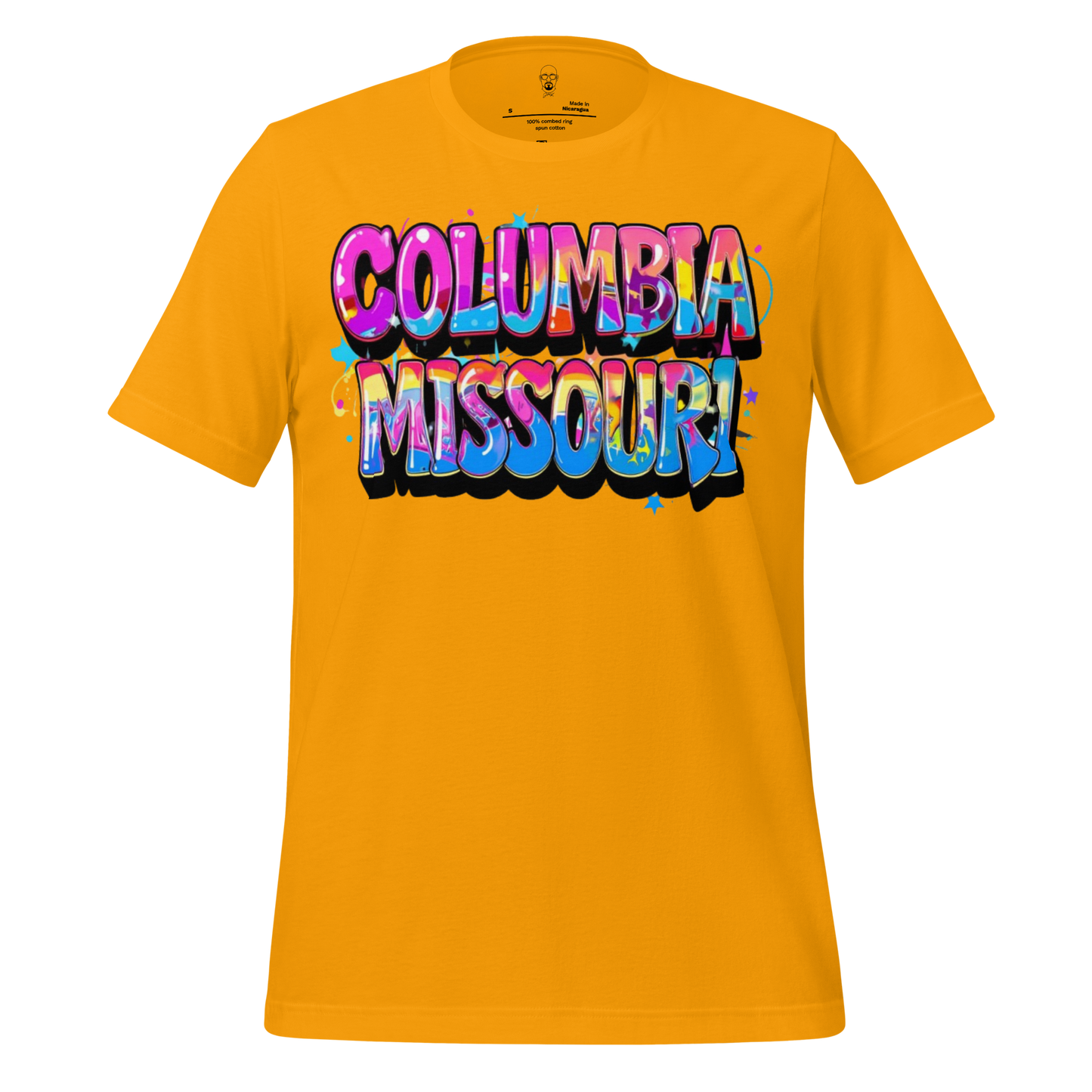 Bright yellow Columbia Missouri t-shirt with colorful graffiti-style text design on front
