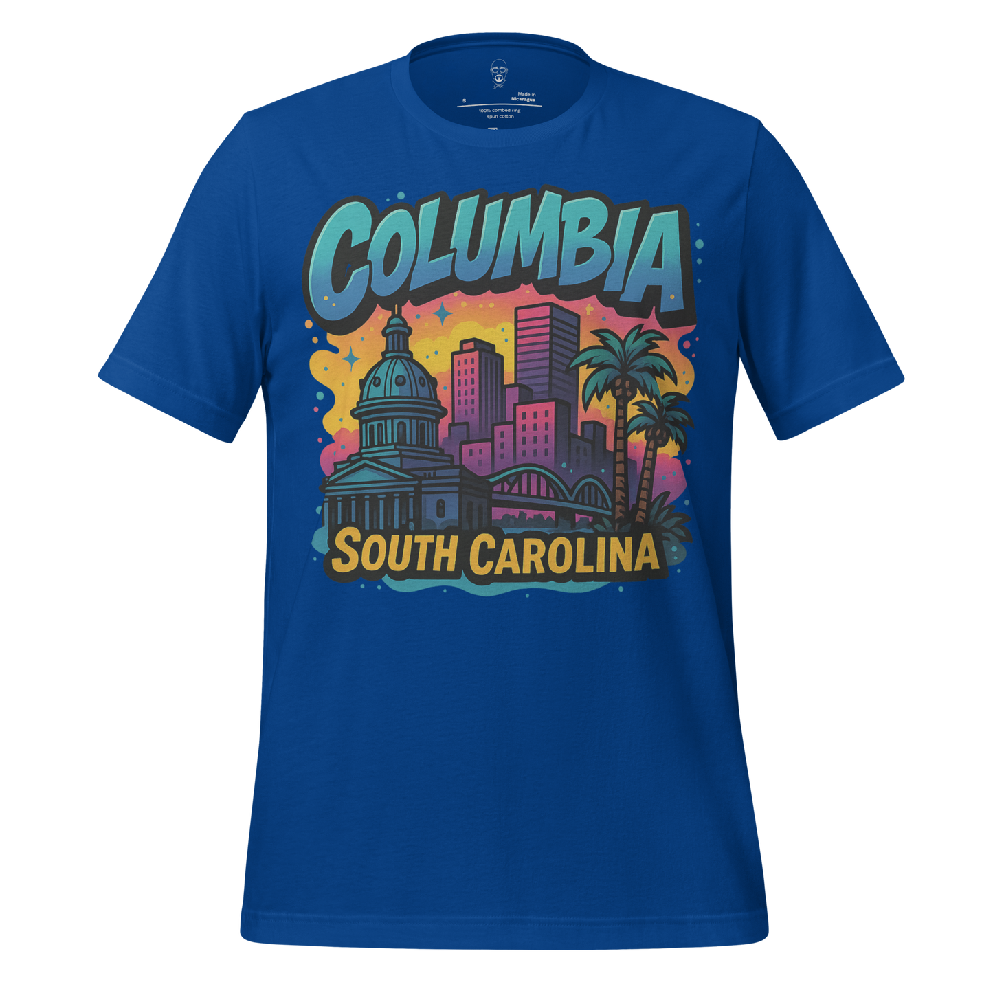 Blue Columbia South Carolina t-shirt featuring city skyline and palm tree graphic