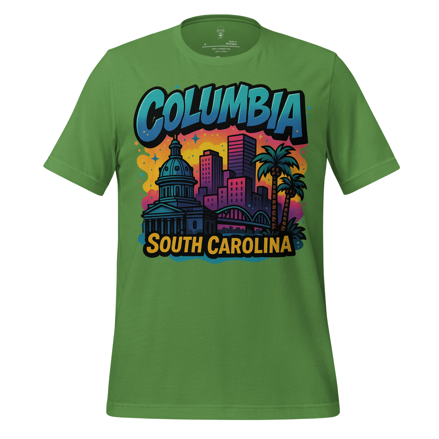 Green Columbia South Carolina t-shirt with colorful cityscape and palm tree graphic design