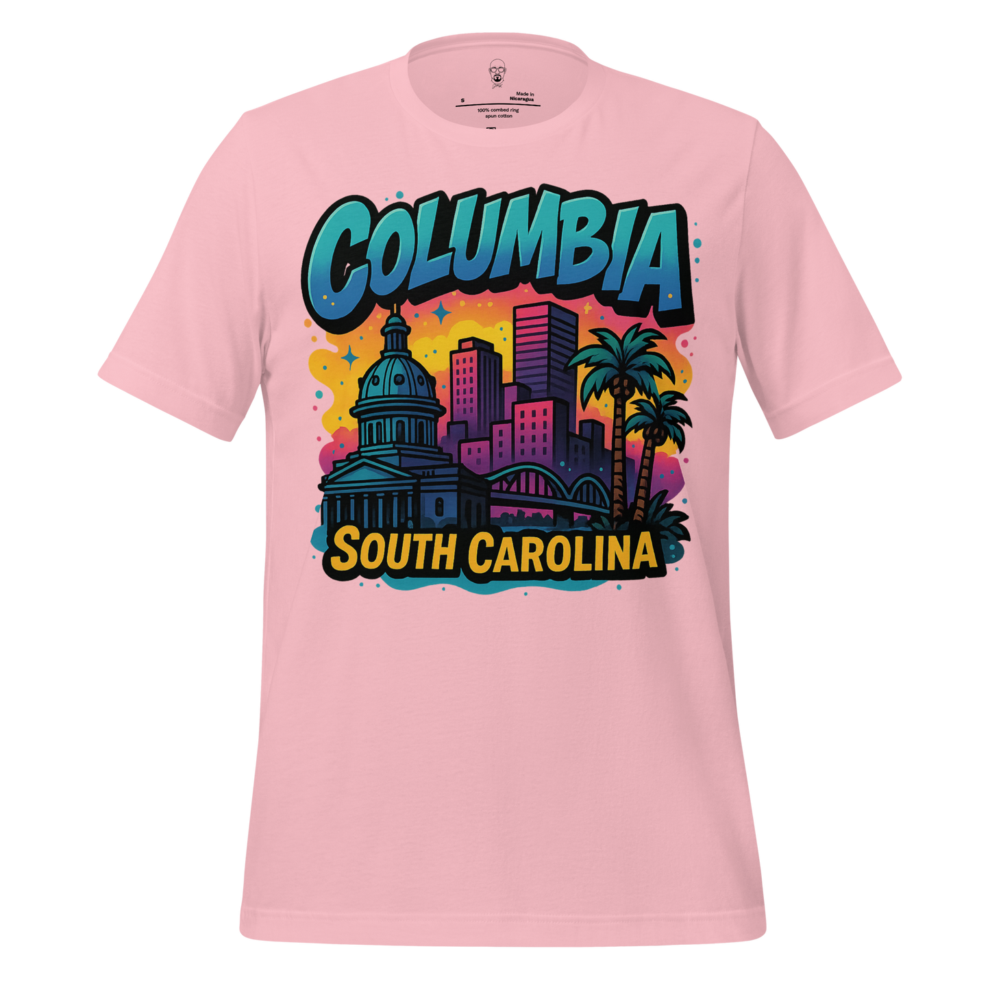 Pink Columbia South Carolina t-shirt with colorful city skyline and palm tree graphic