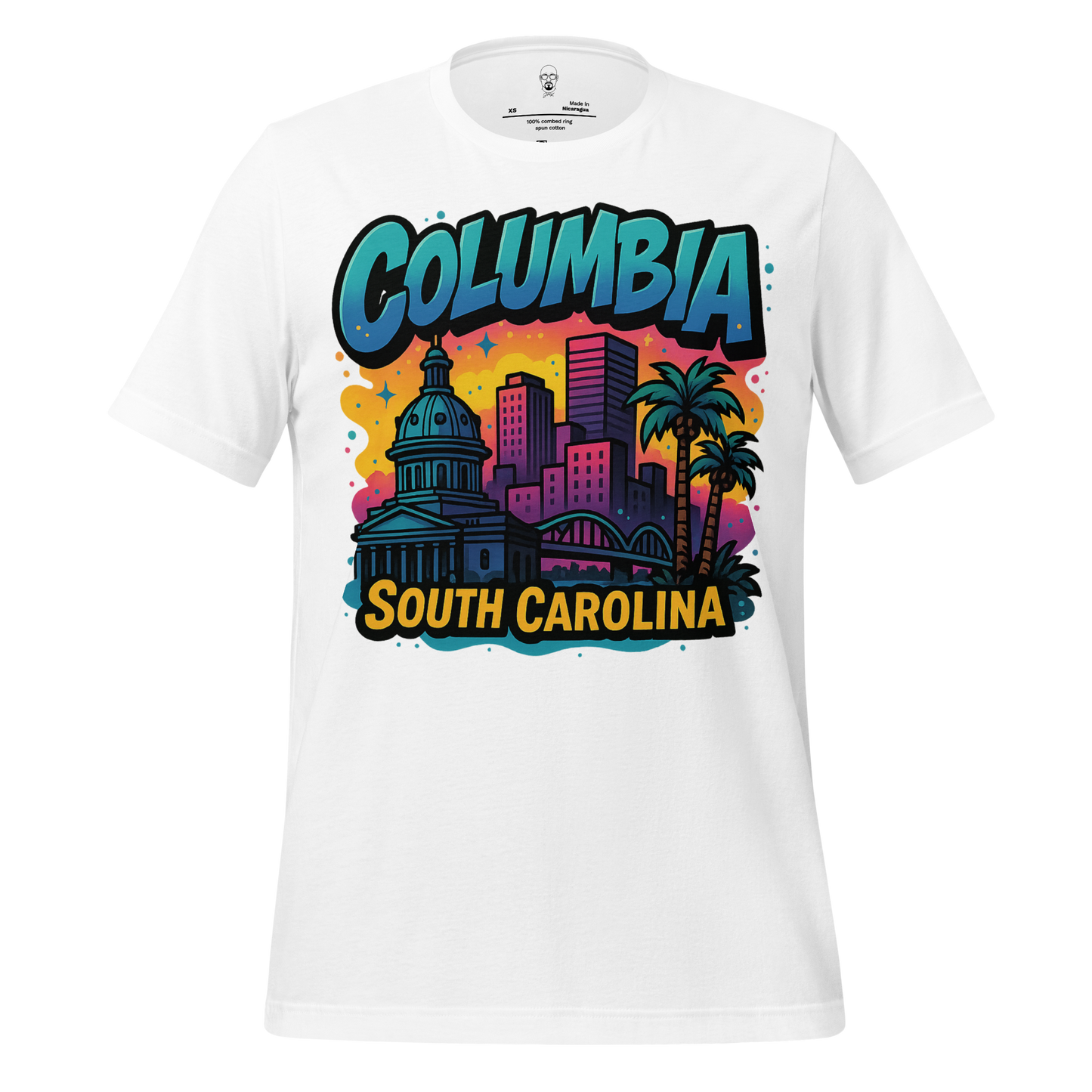 White t-shirt with colorful Columbia South Carolina cityscape graphic and palm trees design