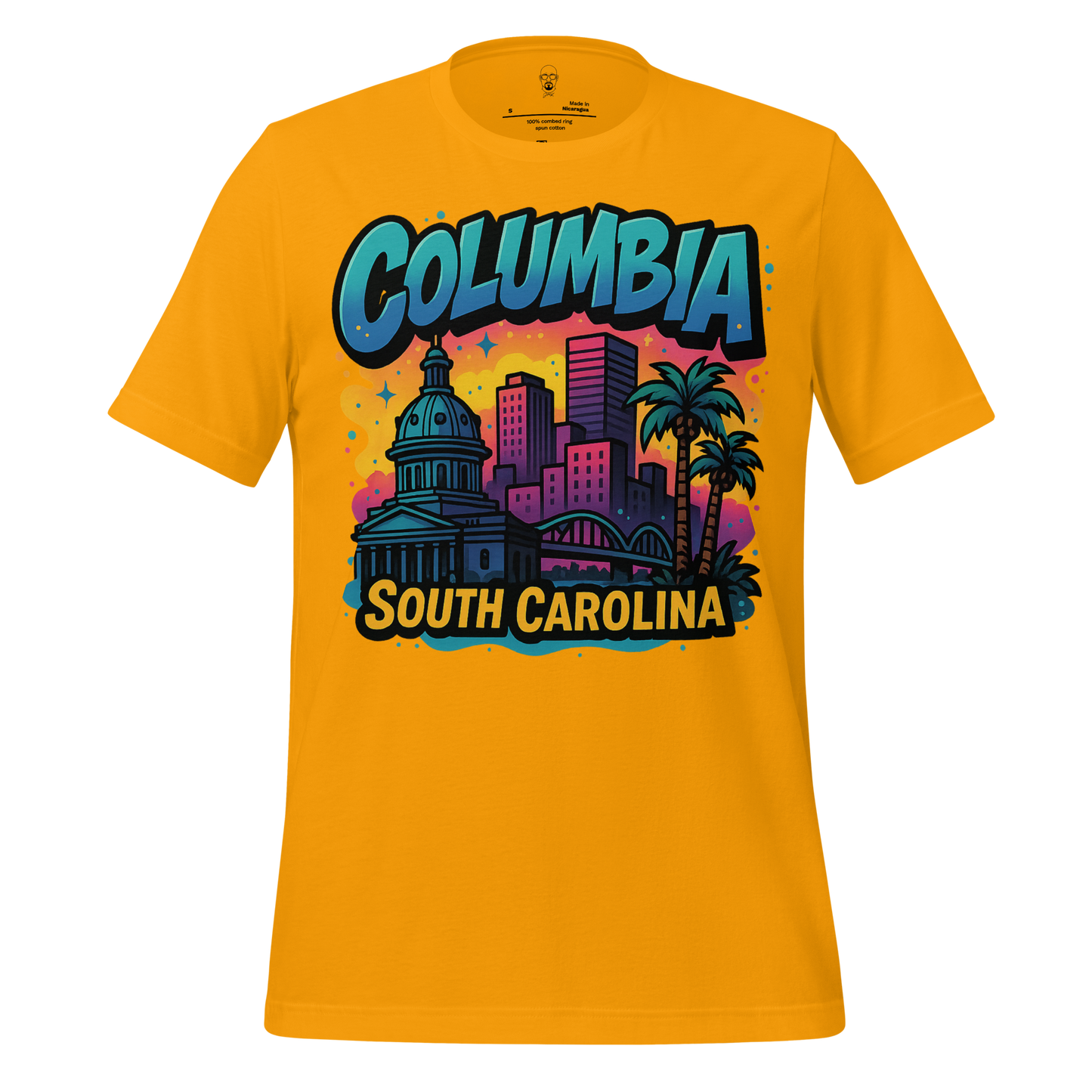 Bright yellow Columbia South Carolina t-shirt with colorful city skyline and palm tree graphic