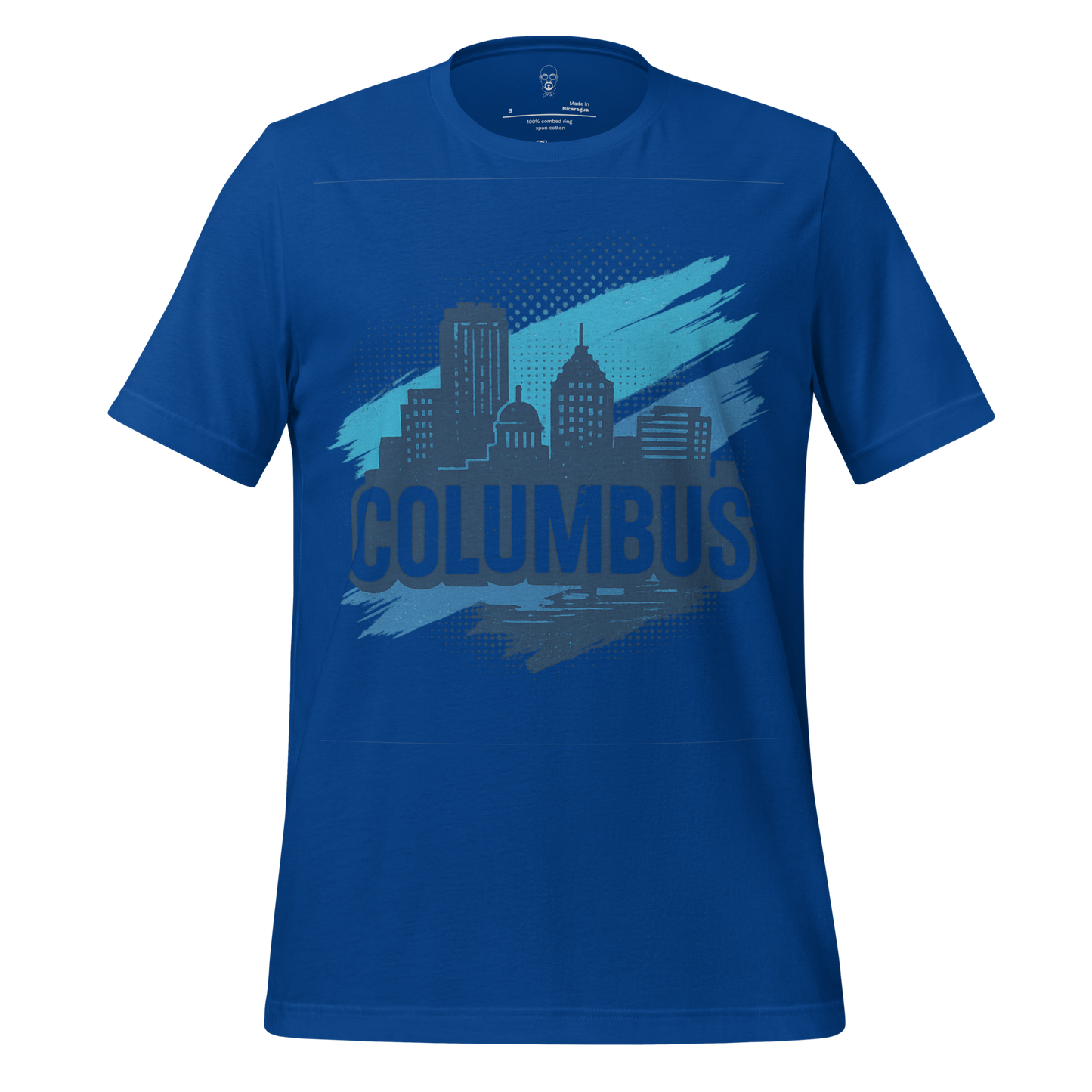JMK Drip Columbus Graphic T-Shirt with city skyline design in blue and black colors