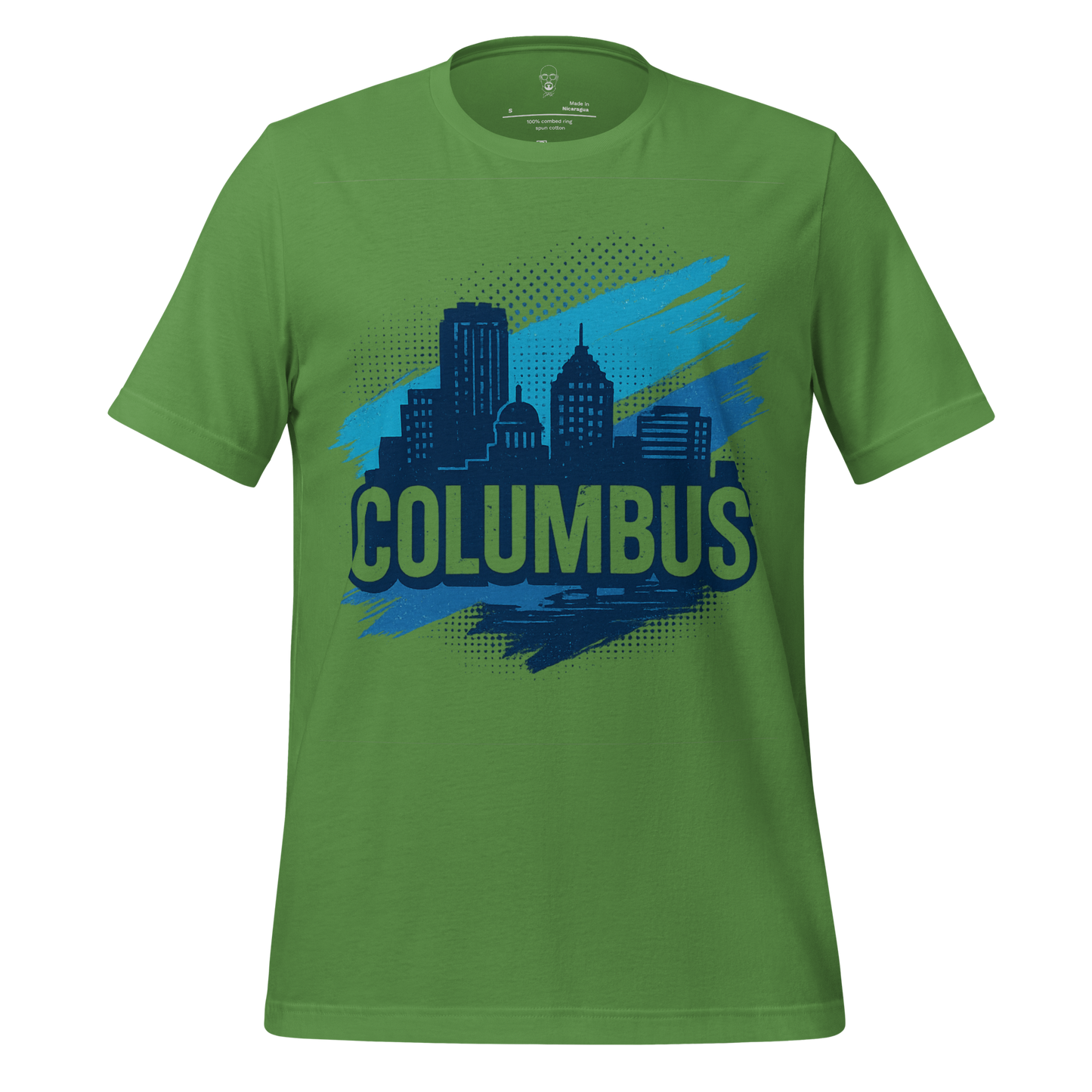 Green Columbus Graphic T-Shirt by JMK Drip featuring blue city skyline design