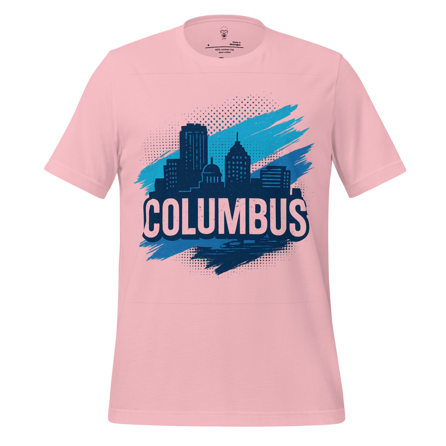 JMK Drip Columbus Graphic T-Shirt in pink with blue city skyline design and bold Columbus text
