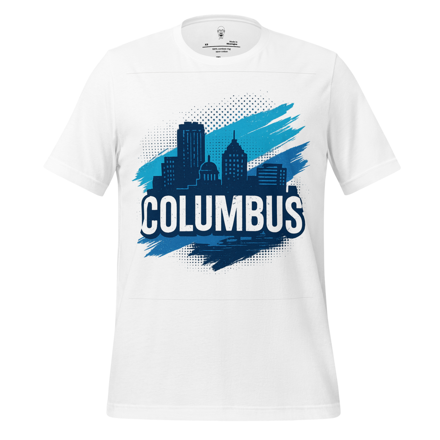 JMK Drip Columbus Graphic T-Shirt white with blue city skyline design and bold Columbus text