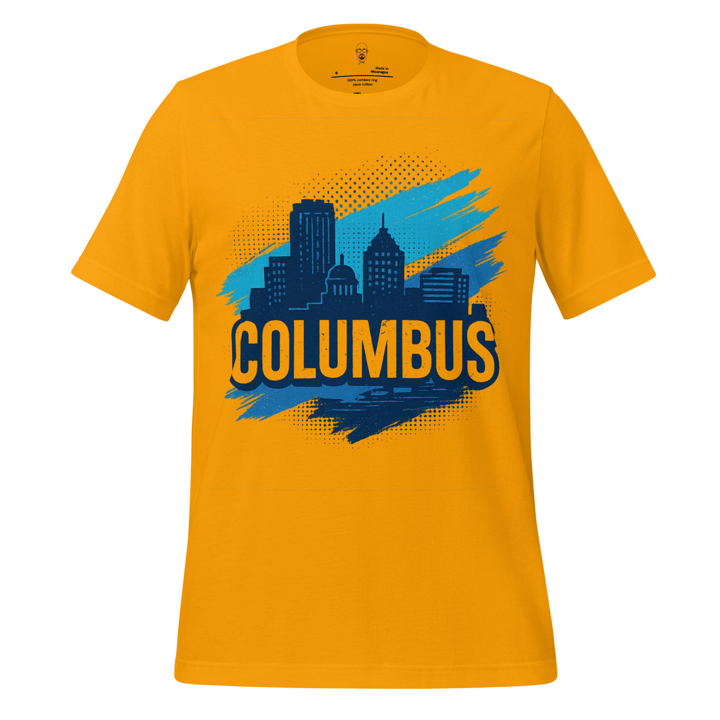 Yellow Columbus Graphic T-Shirt with blue city skyline and bold text design by JMK Drip