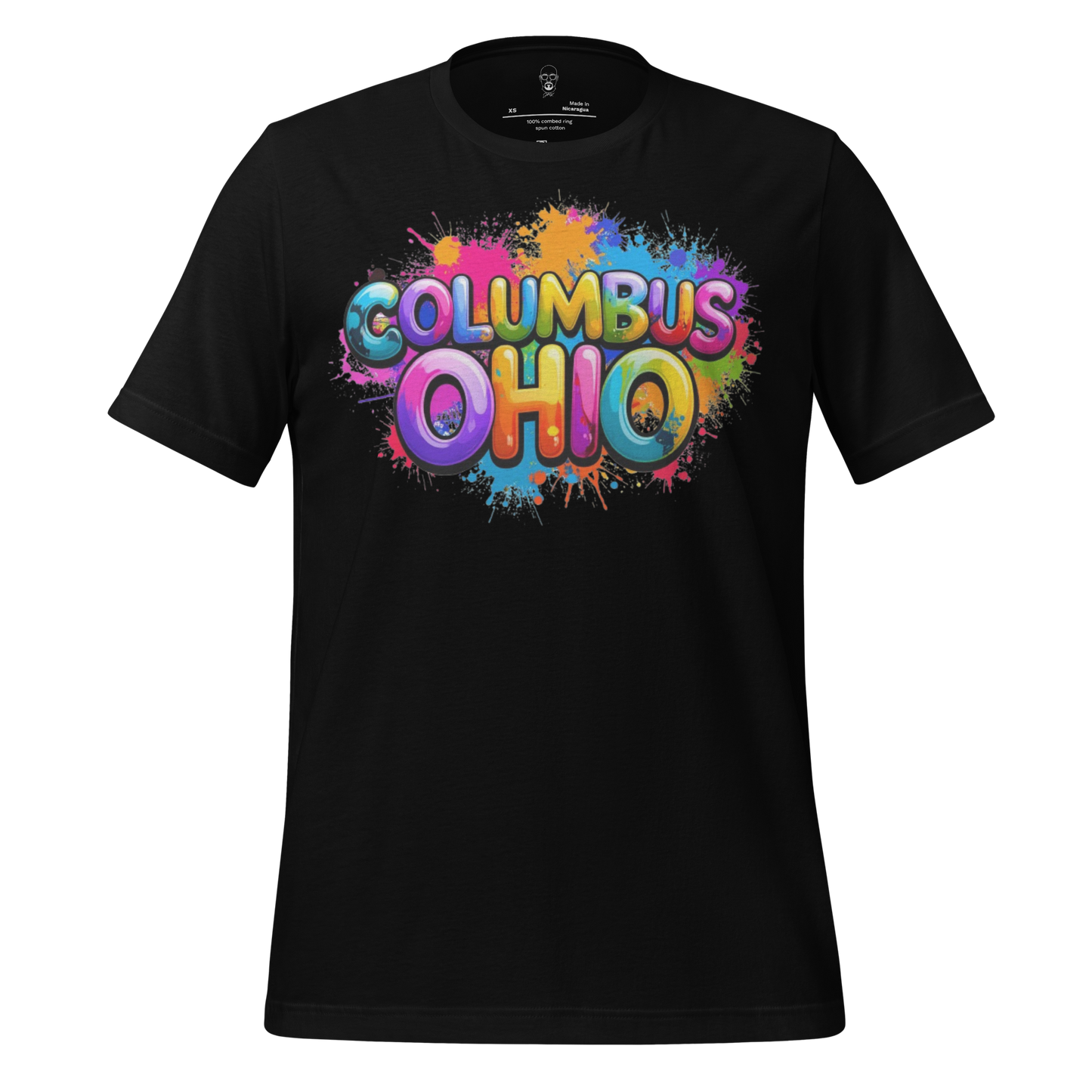 Black Columbus Ohio t-shirt with colorful paint splash graphic design on front by JMK Drip