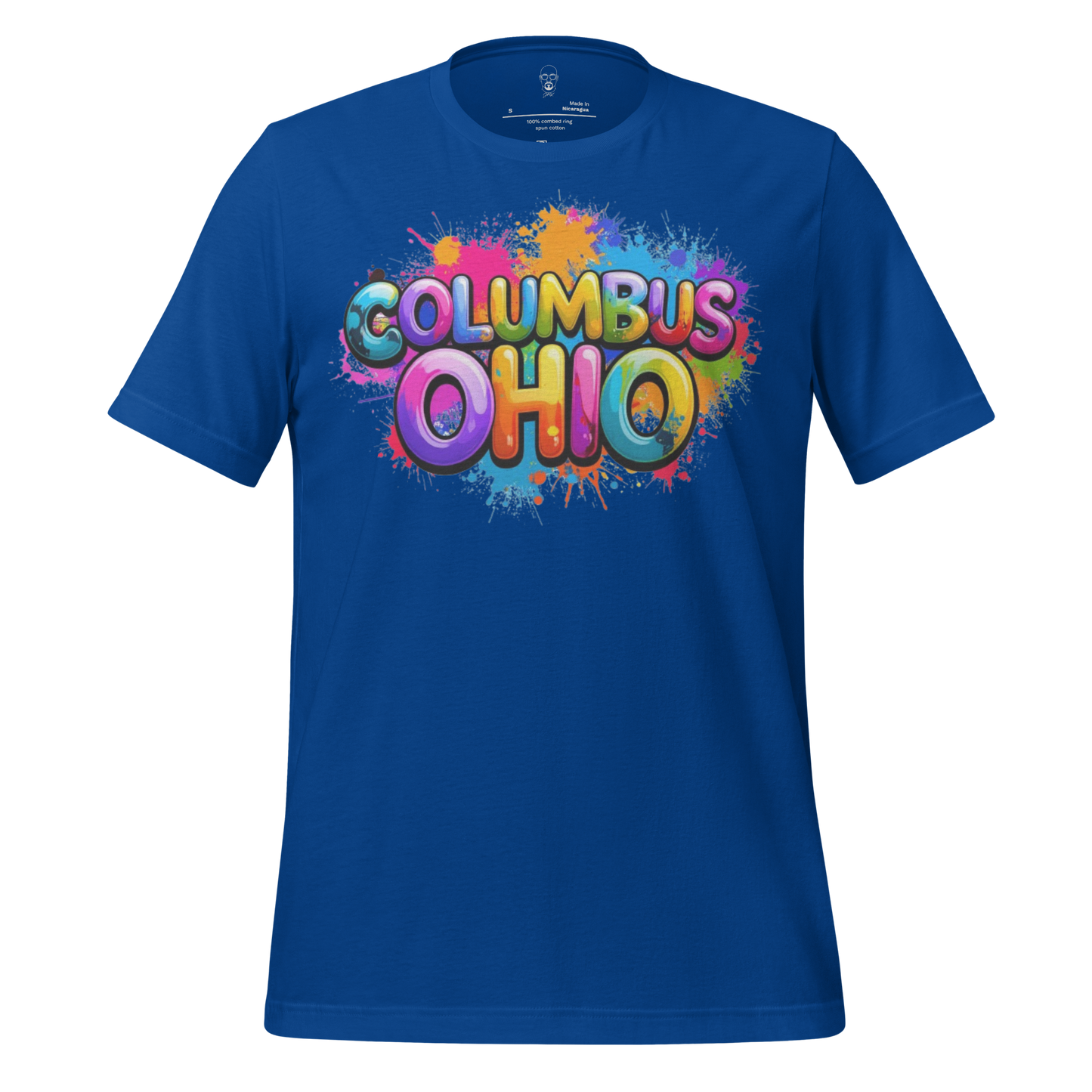 JMK Drip blue Columbus Ohio t-shirt with colorful graffiti style splash design on front