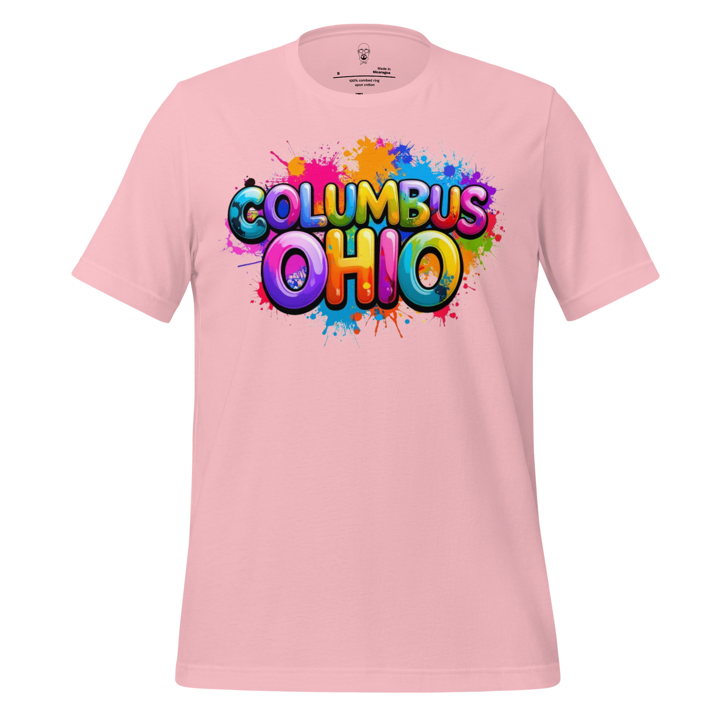 Pink Columbus Ohio t-shirt with colorful graffiti style text and paint splatter design