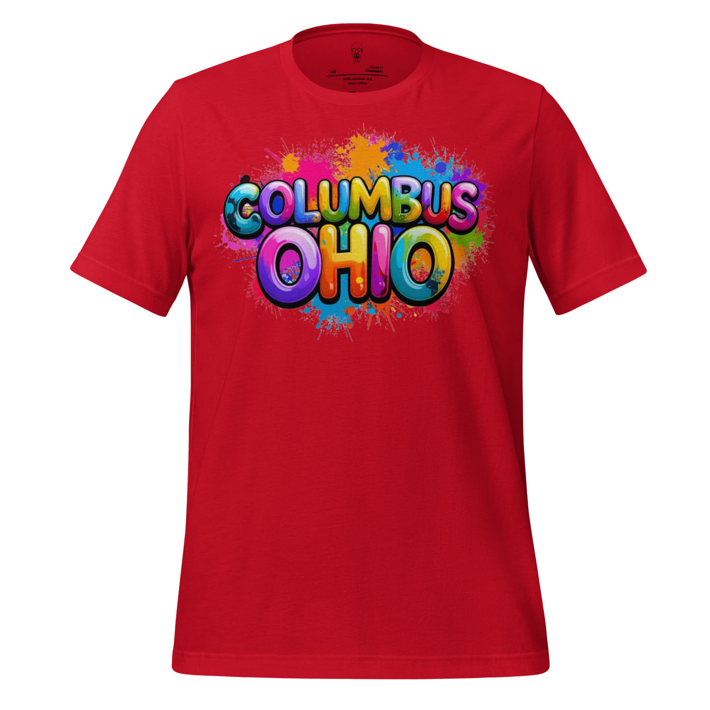 Red Columbus Ohio t-shirt with colorful splash design and bold bubble letters from JMK Drip
