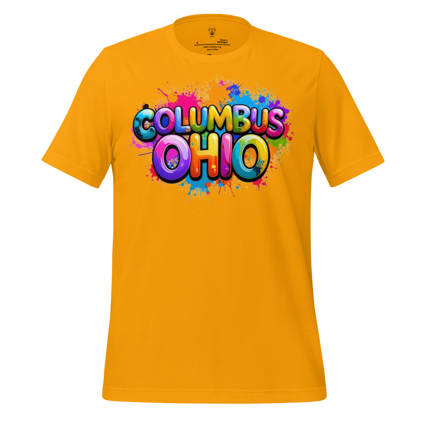 Yellow t-shirt with colorful splash design and Columbus Ohio t-shirt text in bold bubble letters