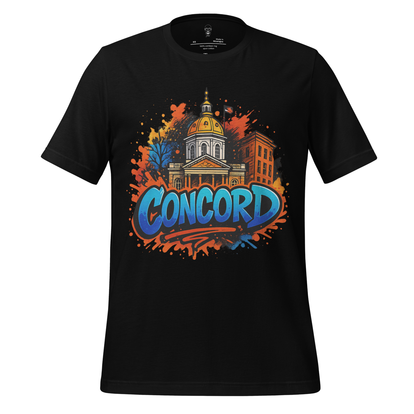 Black Concord Graphic T-Shirt by JMK Drip featuring colorful city building and graffiti style text design