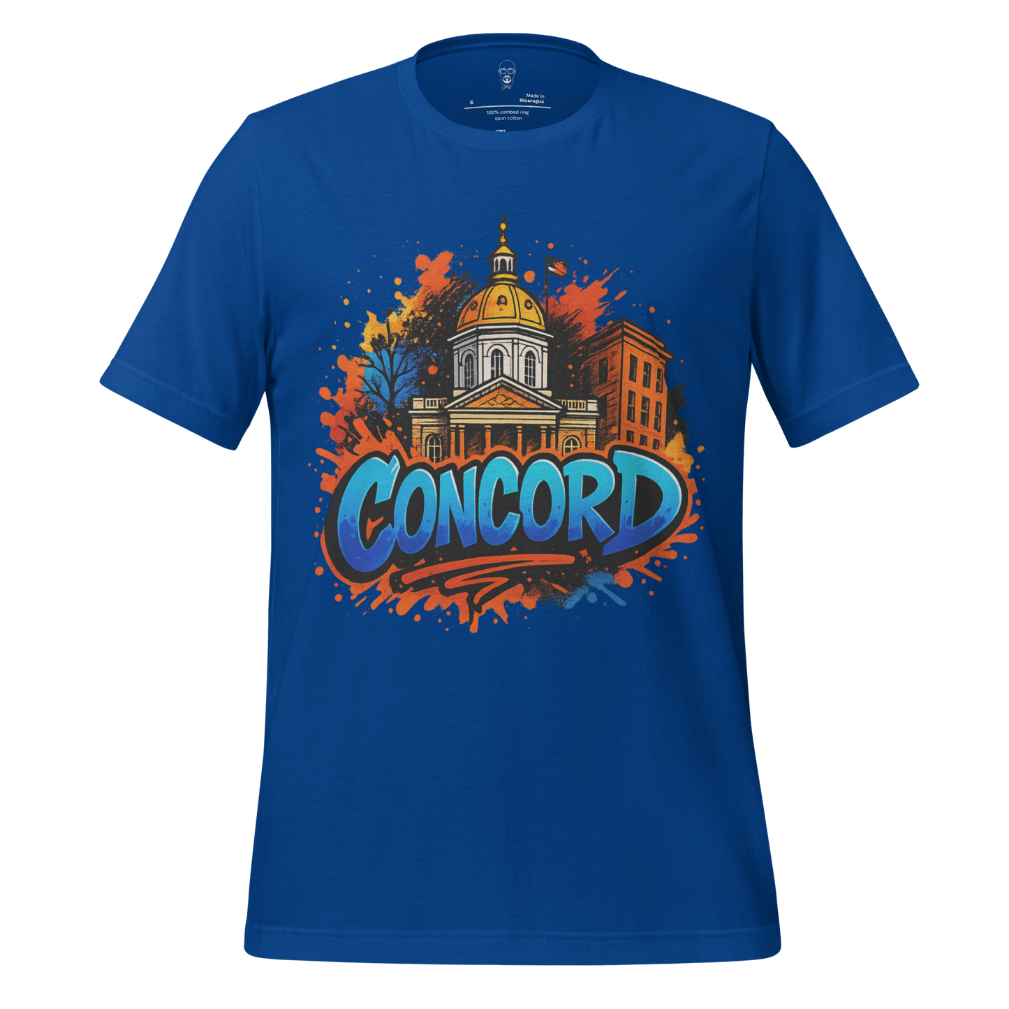 JMK Drip Concord Graphic T-Shirt in blue featuring a colorful cityscape with Concord text design