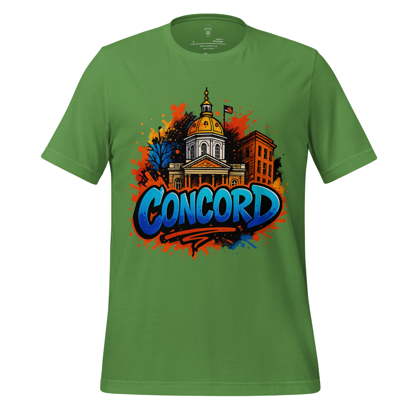 Green JMK Drip Concord Graphic T-Shirt featuring colorful Concord building illustration and bold text