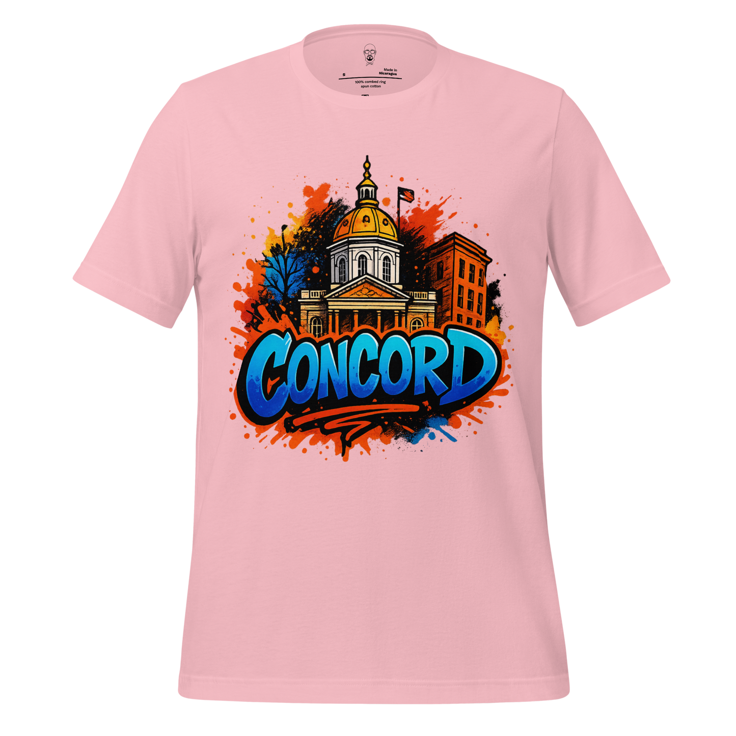 Pink JMK Drip Concord Graphic T-Shirt featuring colorful city building and bold Concord text